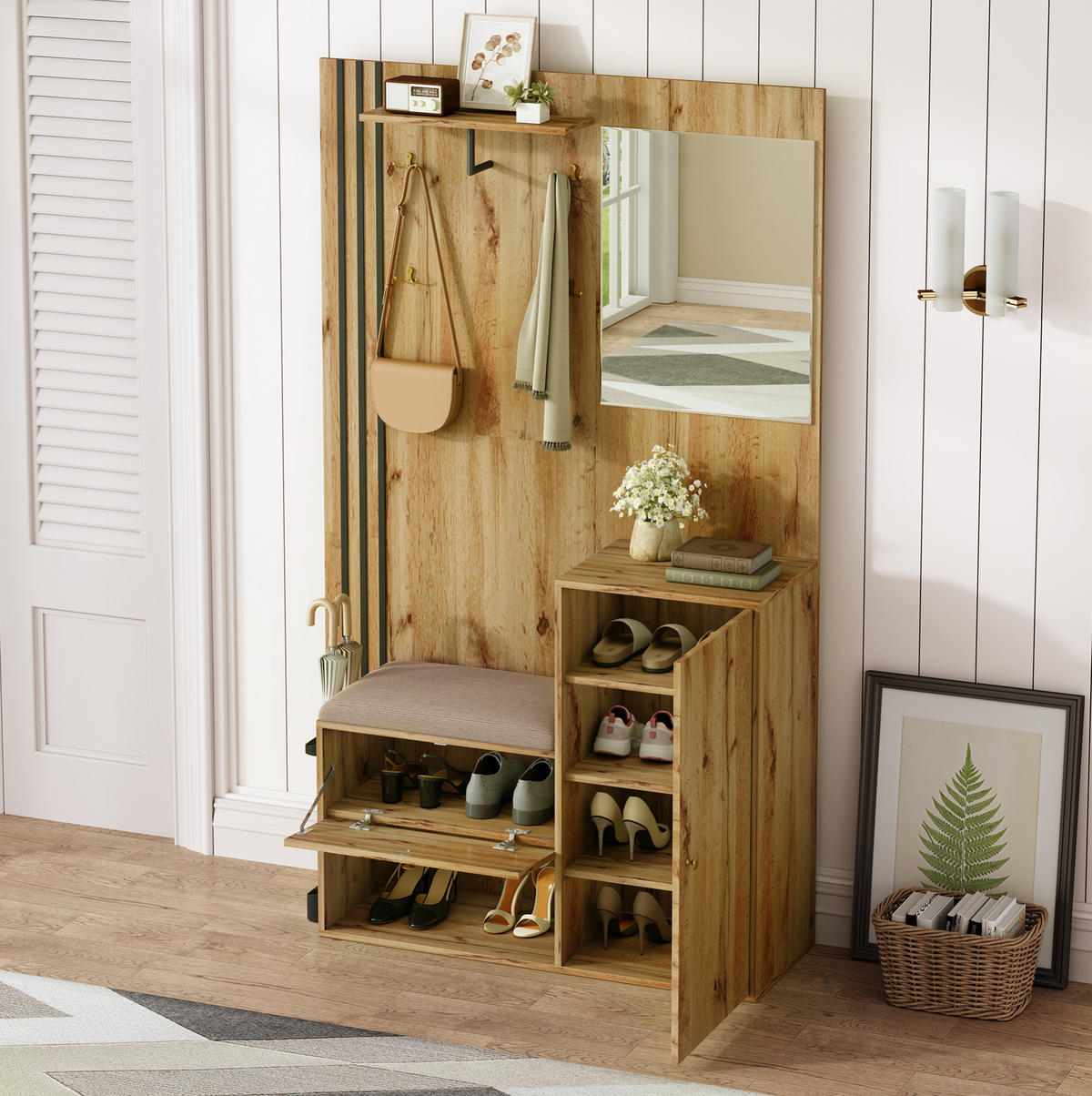 SCHUHSCHRANK aus MDF 115x37x185cm in Natural mit Spiegel & Sitzpolster - Naturfarben, Holzwerkstoff (115/185/37cm) - Modfu