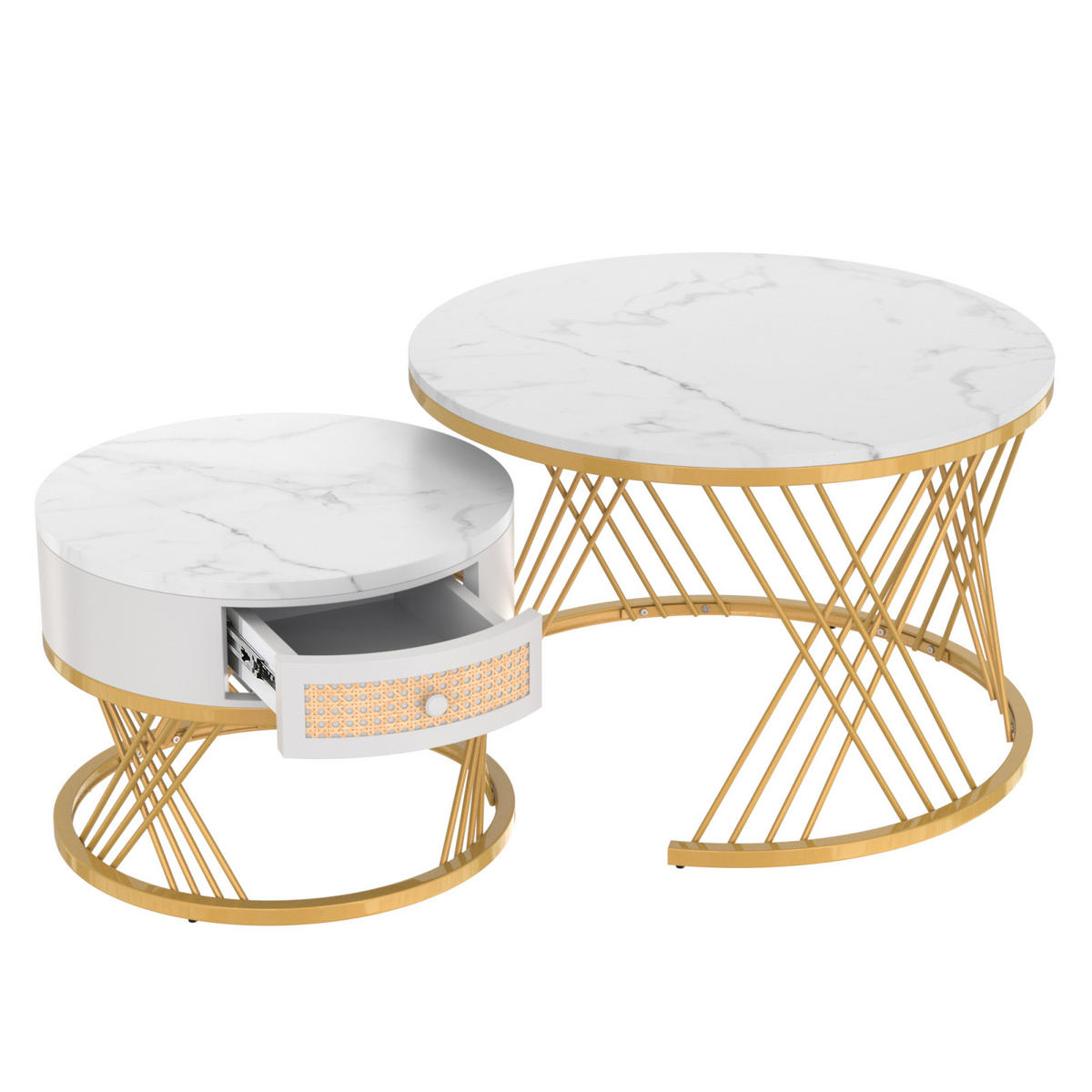 COUCHTISCH-SET Weiß Gold mit Rattan-Schublade - Weiß, Metall (70/70/45cm)