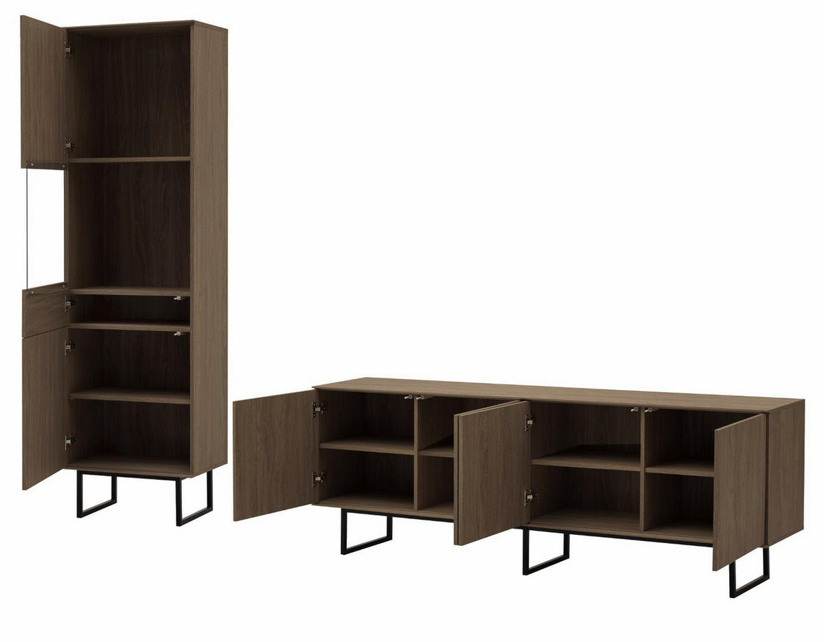 WOHNWAND in Nussbaum 2-teilig 273 cm, Wohnkombination mit Push-to-Open - Nussbaumfarben/Schwarz, Glas/Holzwerkstoff (273/200/40cm) - Furn.Design
