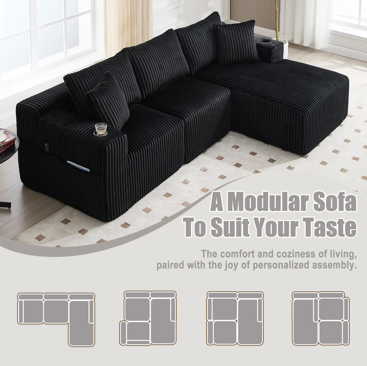 ECKSOFA 257/90-160/62 cm Schwarz aus Cord mit Chaiselongue - Schwarz, Textil (160/257cm) - OKMYHOME