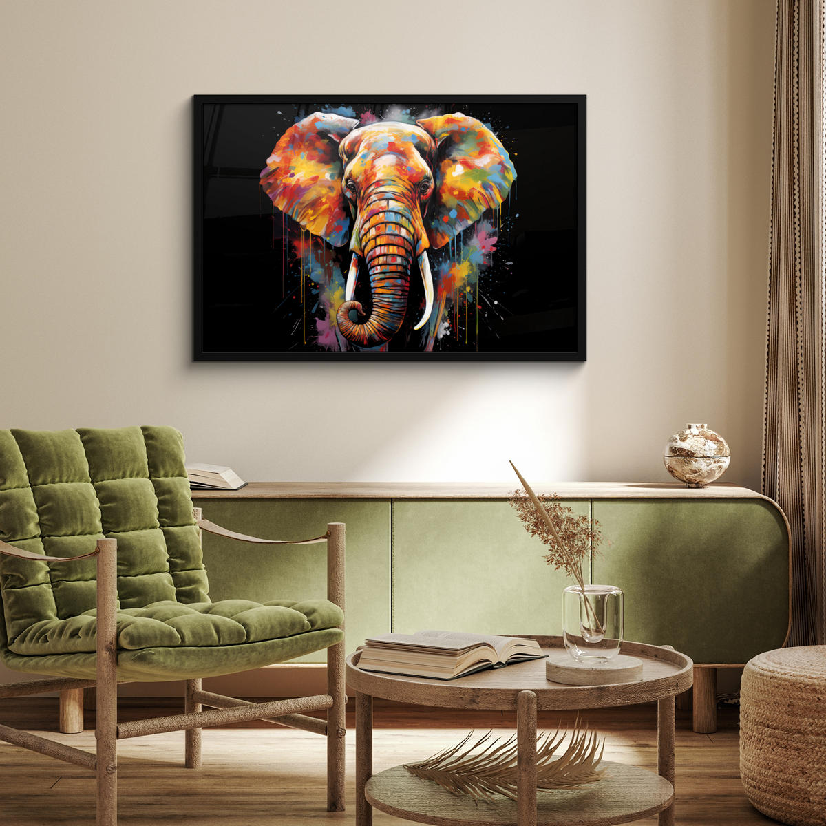 POSTER MIT RAHMEN Elefant - Graffiti - Schwarz - Tiere - Farben 90x60 cm - Schwarz, Papier (90/60cm) - MuchoWow