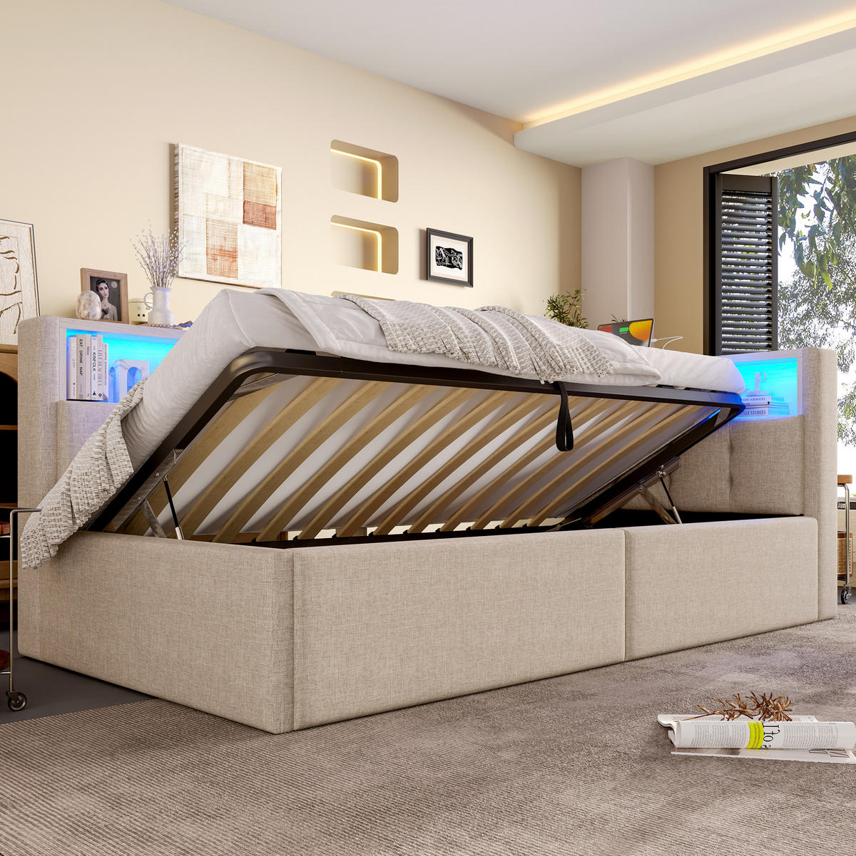 TAGESBETT aus Leinen und MDF 90x200 cm Beige mit LED-Beleuchtung, USB-/Typ-C-Anschlüssen und hydraulischem Bettkasten - Beige, Textil (90/200cm) - Modfu