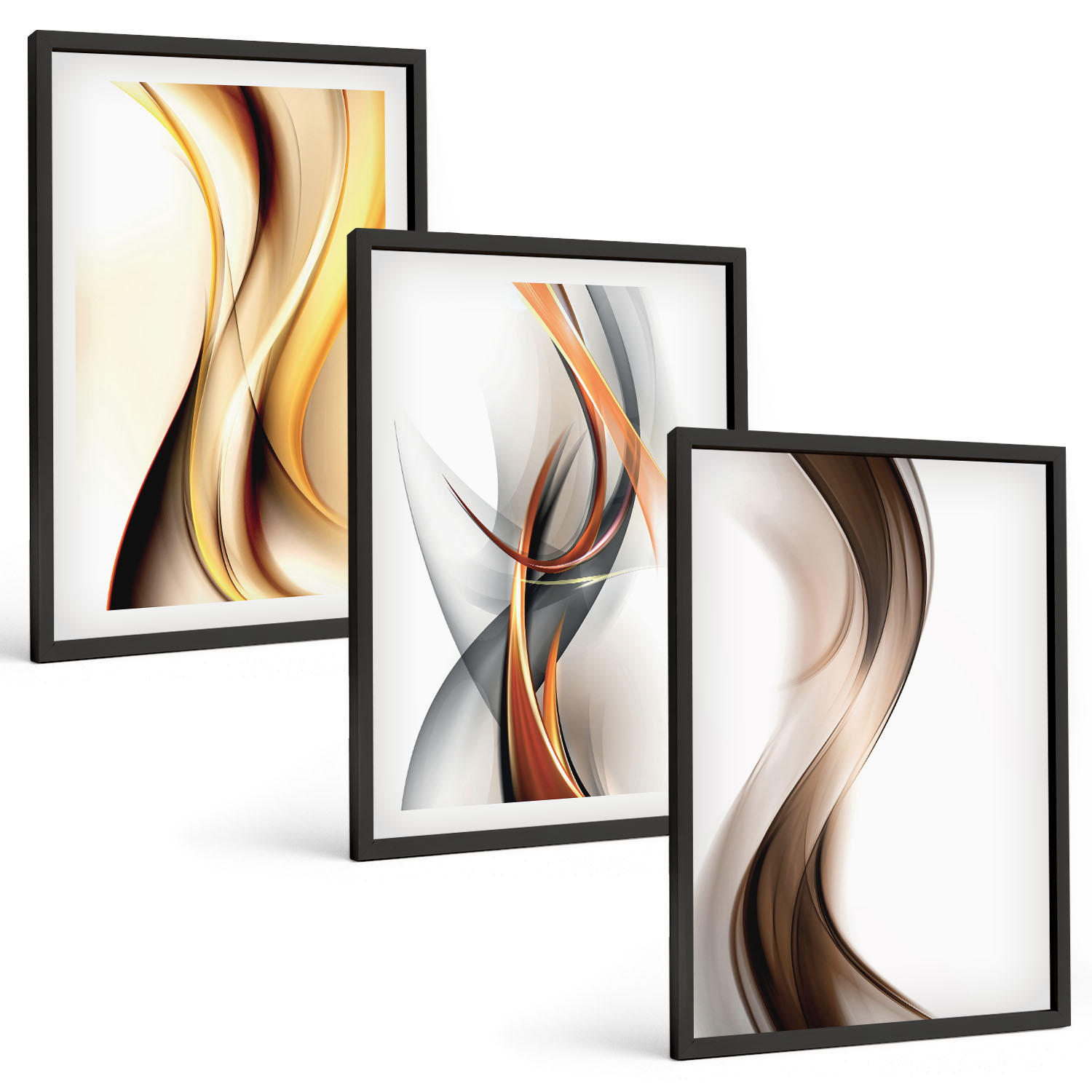 BILDER SET 3er Set - 40x60 cm Schwarzer Rahmen - Gelbgrau-braune Wellen - Schwarz, Kunststoff (40/60cm) - TULUP