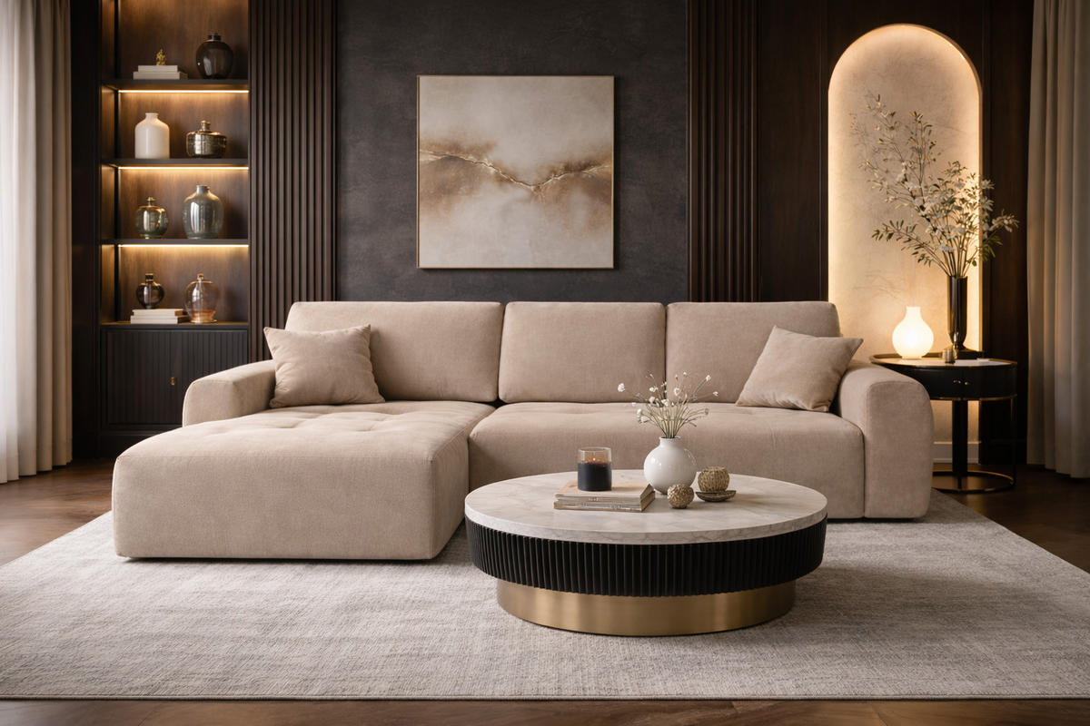 ECKSOFA Mit Schlaffunktion Und Bettkasten L-Form Ivo XL, Veloursstoff Salvador, Beige, Links - Beige, Holz (280/142cm) - Kaiser Möbel