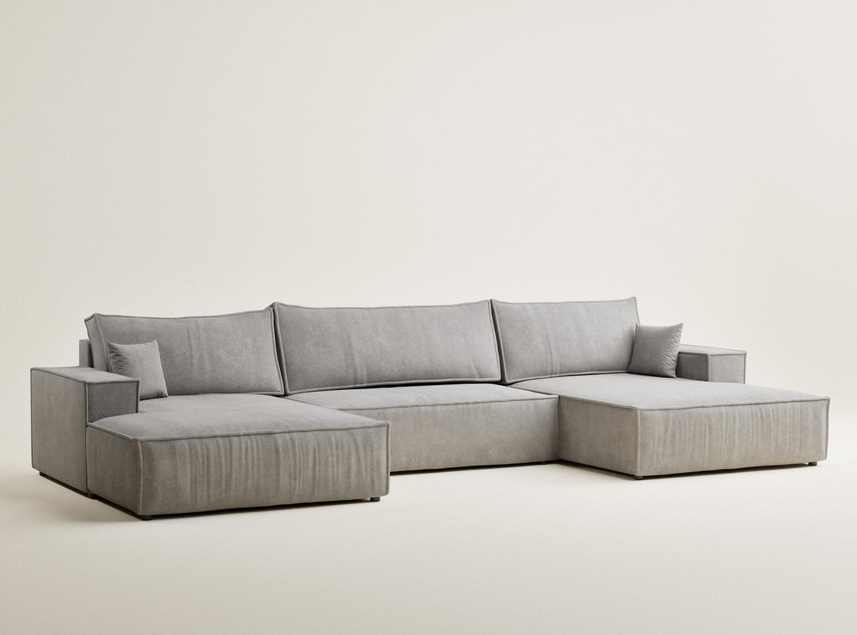 WOHNLANDSCHAFT Kyoto Grau Beige Webstoff - Schwarz/Grau, Holz/Holzwerkstoff (398/70/148cm) - Maison de Reve