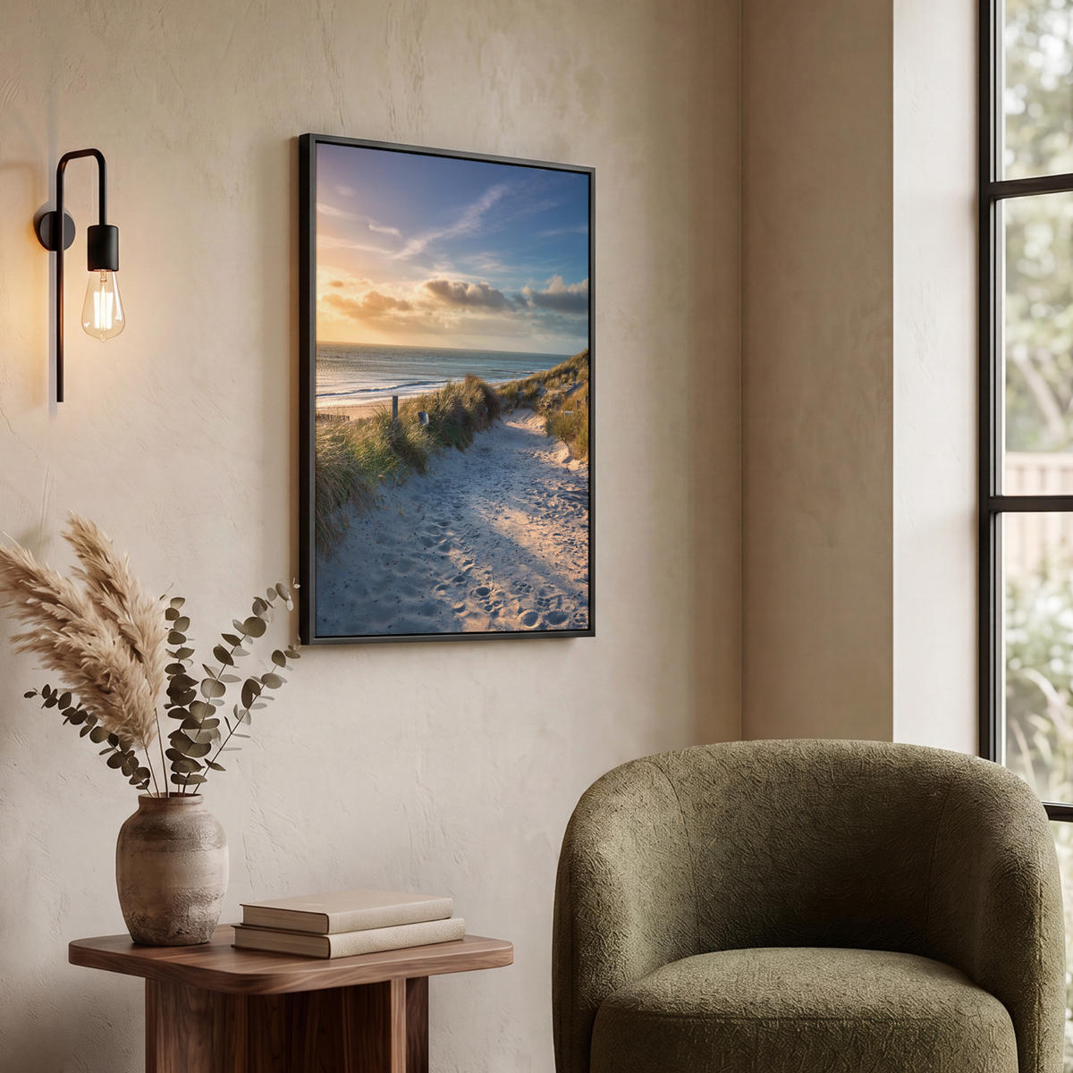 LEINWAND Bilder mit Rahmen - Sonnenuntergang - Strand - Düne - Gras - Ufer - 50x70 - Sandfarben, Textil (50/70cm) - MuchoWow