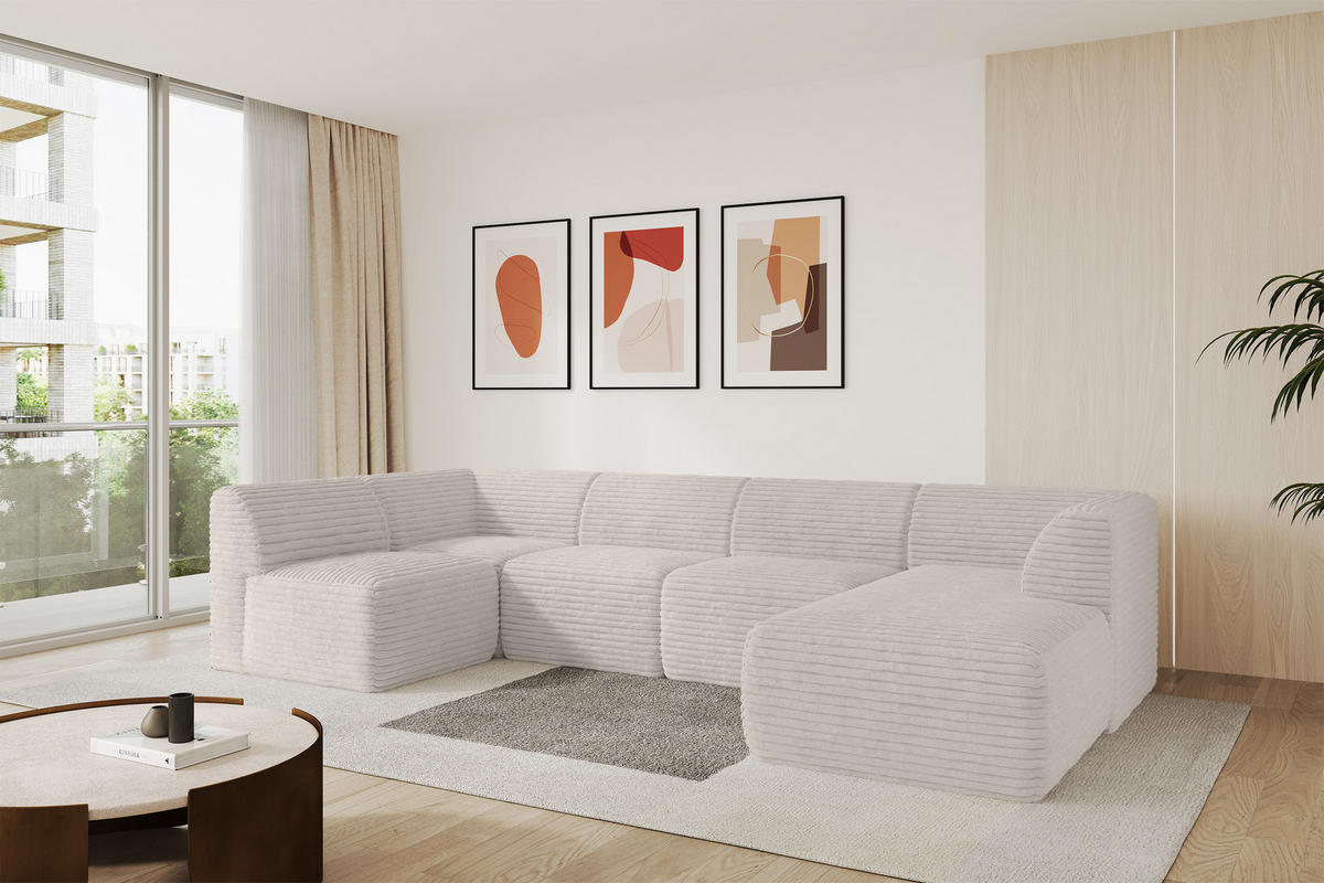 WOHNLANDSCHAFT Ottomane Rechts MOVO-L 345x180x78 cm Creme Cord - Creme, Holzwerkstoff/Kunststoff (180/78/345cm) - ALTDECOR