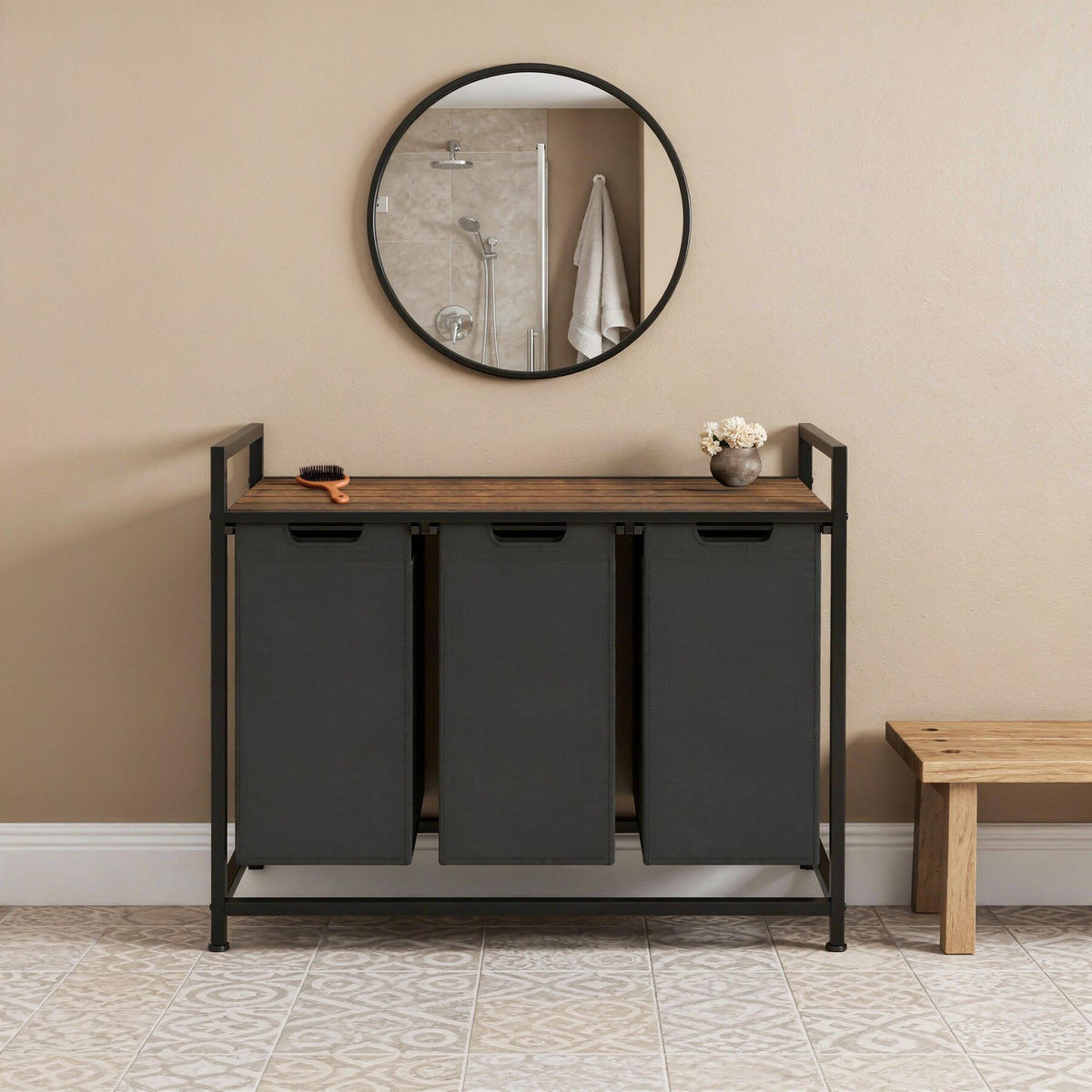 WÄSCHESORTIERER, höhenverstellbare Kunststofffüße, schwarz/braun - Schwarz/Braun, Metall (93.5/72/34cm) - tectake