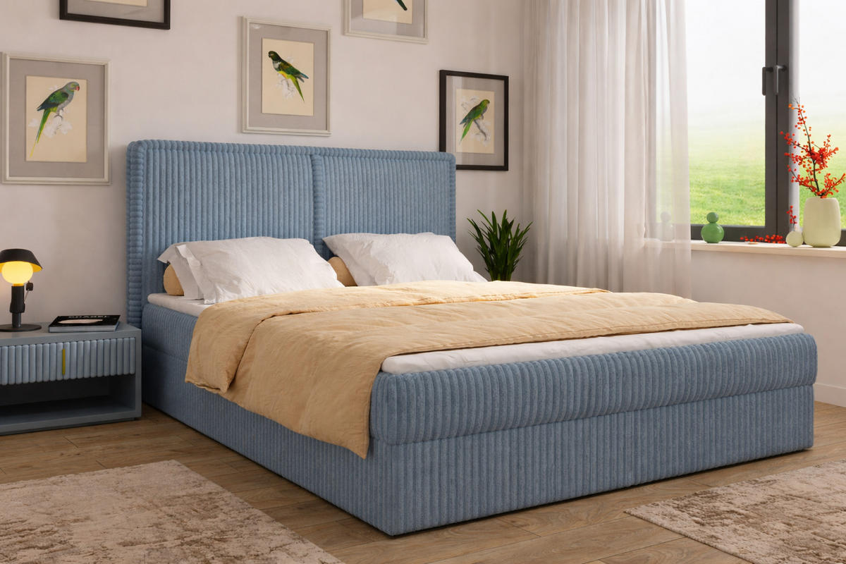 BOXBETT 04 180 x 200 cm - Ambience – Modernes Polsterbett mit Bettkasten, Topper und gepolstertem Kopfteil, Stoffbezug, Stauraumbett - Hellblau, Holz (180/200cm) - ROYAL24_MARKT