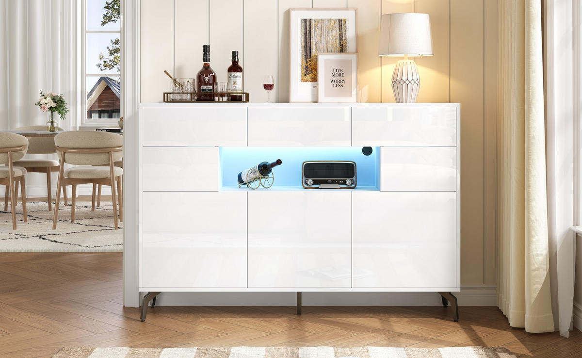 SIDEBOARD 140/30/94 cm mit 3 Schubladen, LED-Beleuchtung und Hochglanzfront - Weiß, Holzwerkstoff (140/94/30cm) - BEAOK