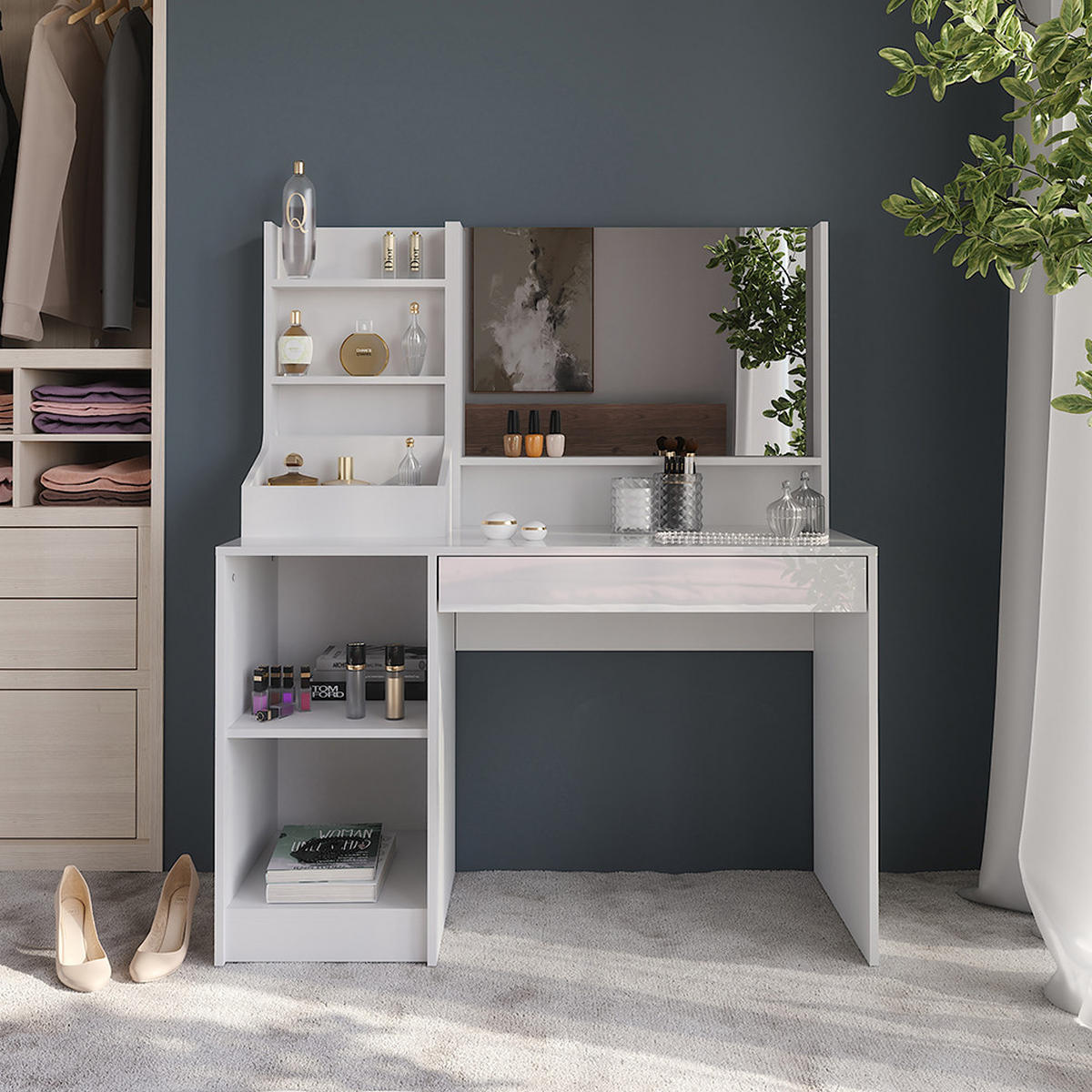 SCHMINKTISCH Sherry Weiß/Weiß Hochglanz 119.8 cm 3 Teile - Weiß Hochglanz, Holzwerkstoff (119.8/76/50.1cm) - Vicco