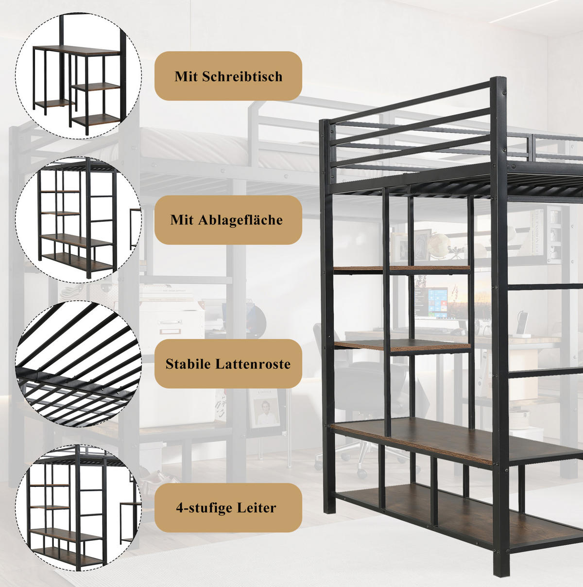 HOCHBETT 120/200 cm schwarz aus Metall und Holz mit Schreibtisch - Schwarz, Metall (120/200cm) - OKWISH