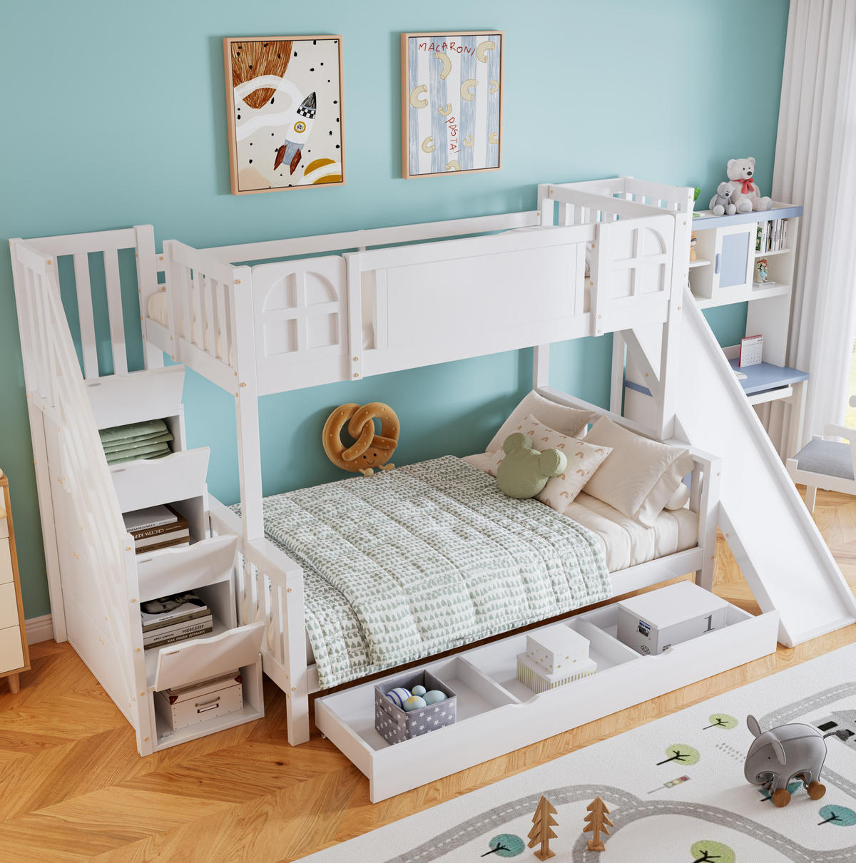 ETAGENBETT 90/120x200 cm mit Rutsche, Stauraumtreppe und Fensterdesign, Weiß - Weiß, Holzwerkstoff (90/200cm) - Redom