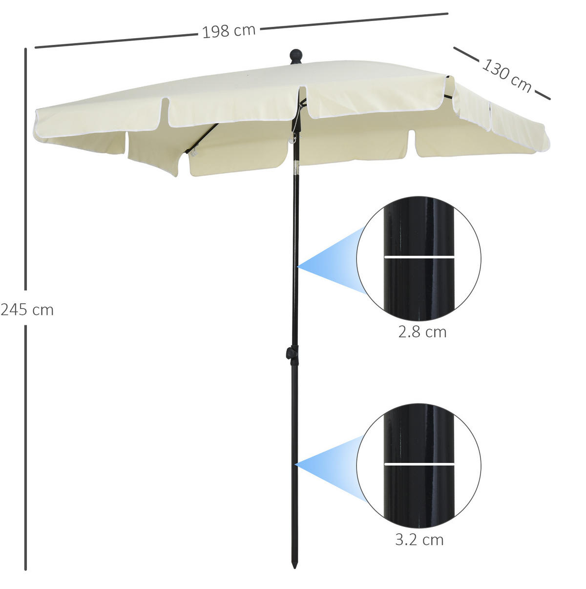SONNENSCHIRM 198/130/245 cm cremeweiß aus Aluminium knickbar - Beige, Holzwerkstoff (130/198cm) - OKWISH