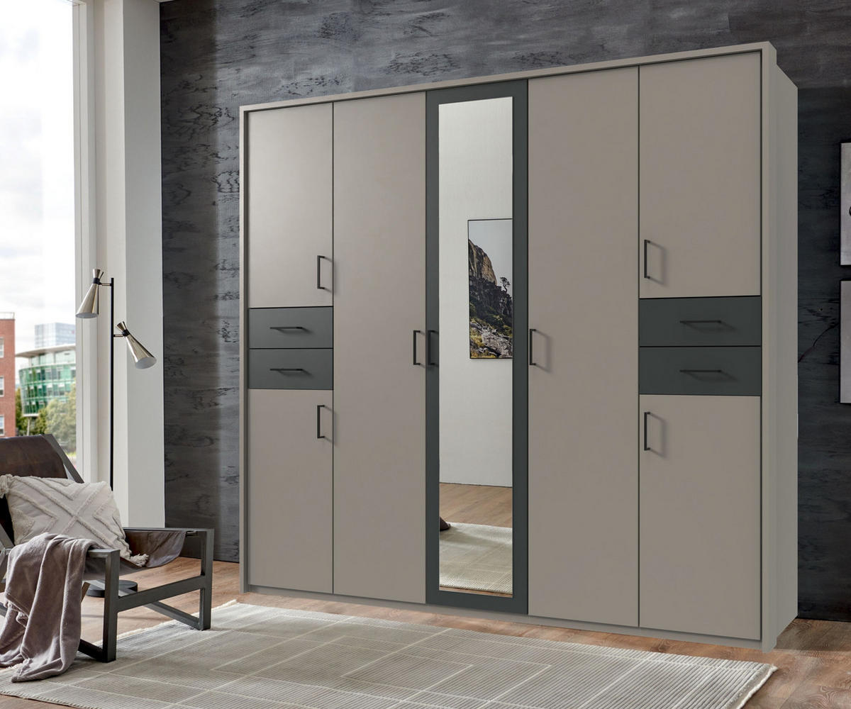 DREHTÜRENSCHRANK Kleiderschrank 228 cm mit Schubkästen & Passepartout & 1 Spiegeltür, Sand Grau mit Absetzungen in Grafit, Griffe schwarz / 22573 - Sandfarben/Graphitfarben, Holzwerkstoff/Metall (228/210/58cm) - luma-home