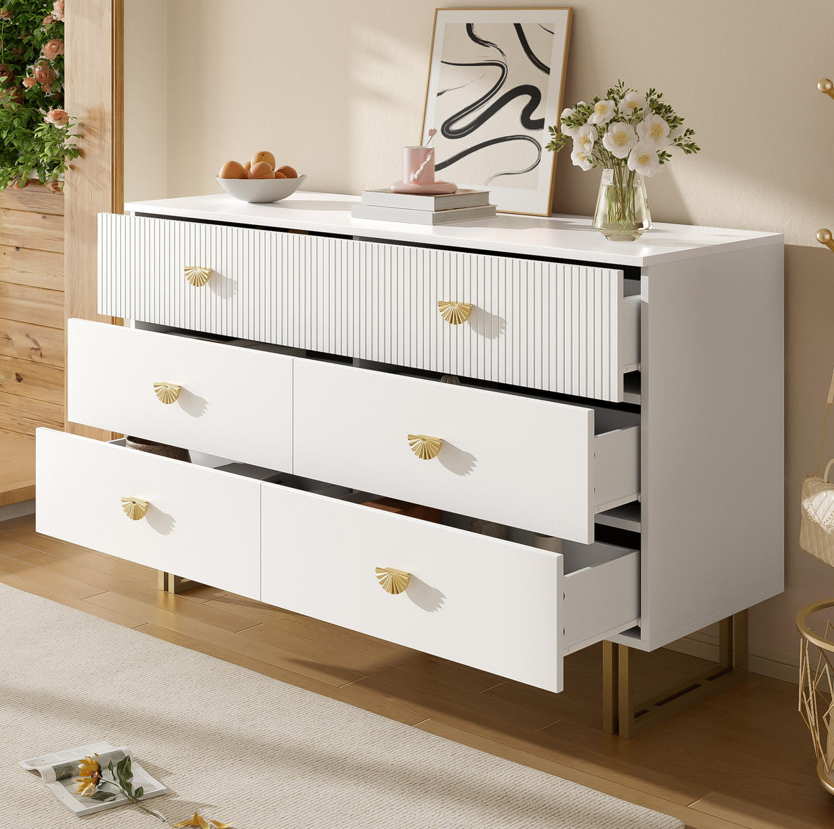SIDEBOARD 120/40/75 cm Weiß aus MDF mit 6 Schubladen - Weiß, Holzwerkstoff (120/75/40cm) - OKWISH