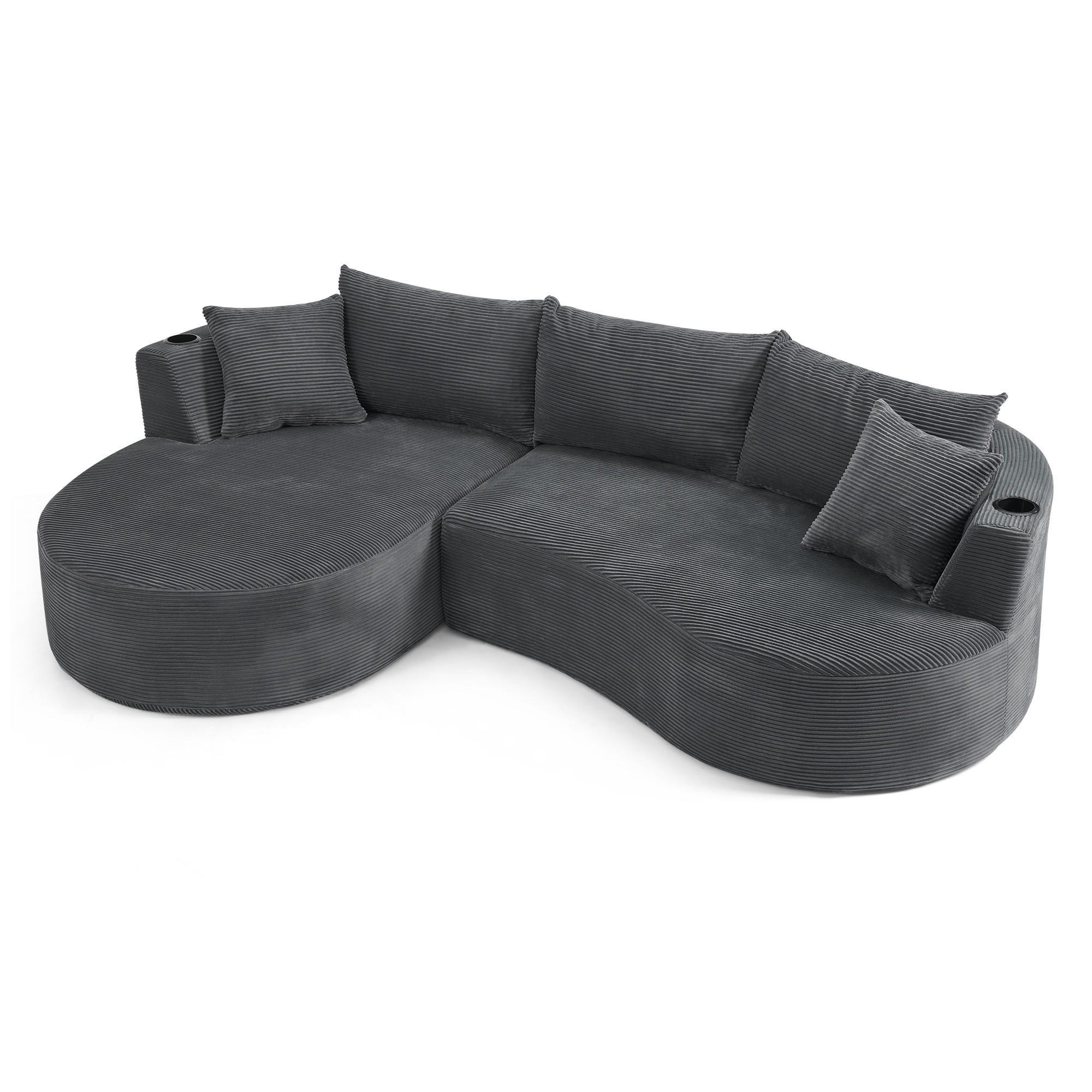 3-SITZER ECKSOFA Cord Grau mit Getränkehaltern und Kissen - Grau, Textil (264/168cm) - WISHDOR