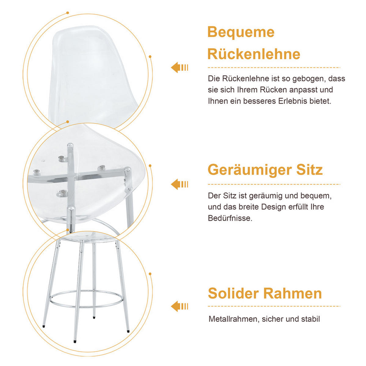 TISCHGRUPPE 3-tlg Glastisch 89 cm mit 2 transparenten Barhockern Silber - Silberfarben, Metall (93.5/5.5/93.5cm) - Raelunyi