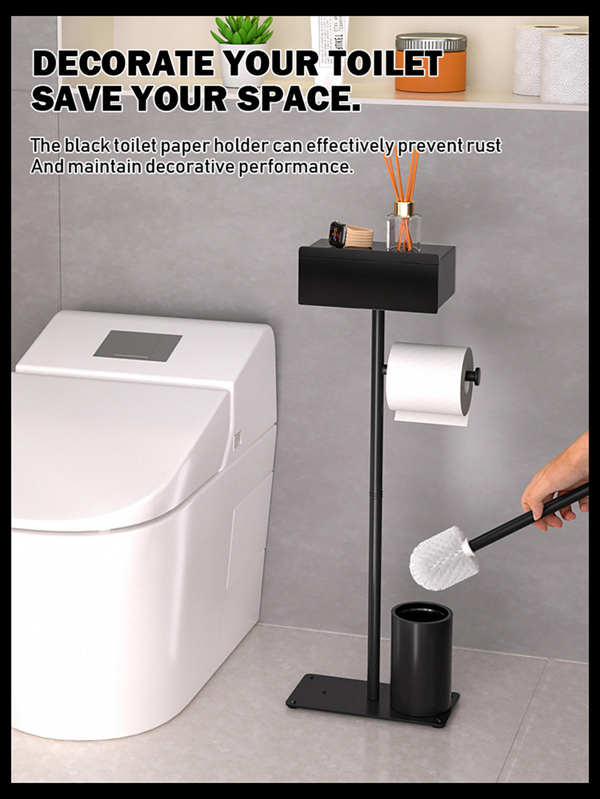 TOILETTENBÜRSTENHALTER – 2-in-1 (Schwarz) 24 x 12 x 69 cm - Schwarz, Metall (12/69/24cm)