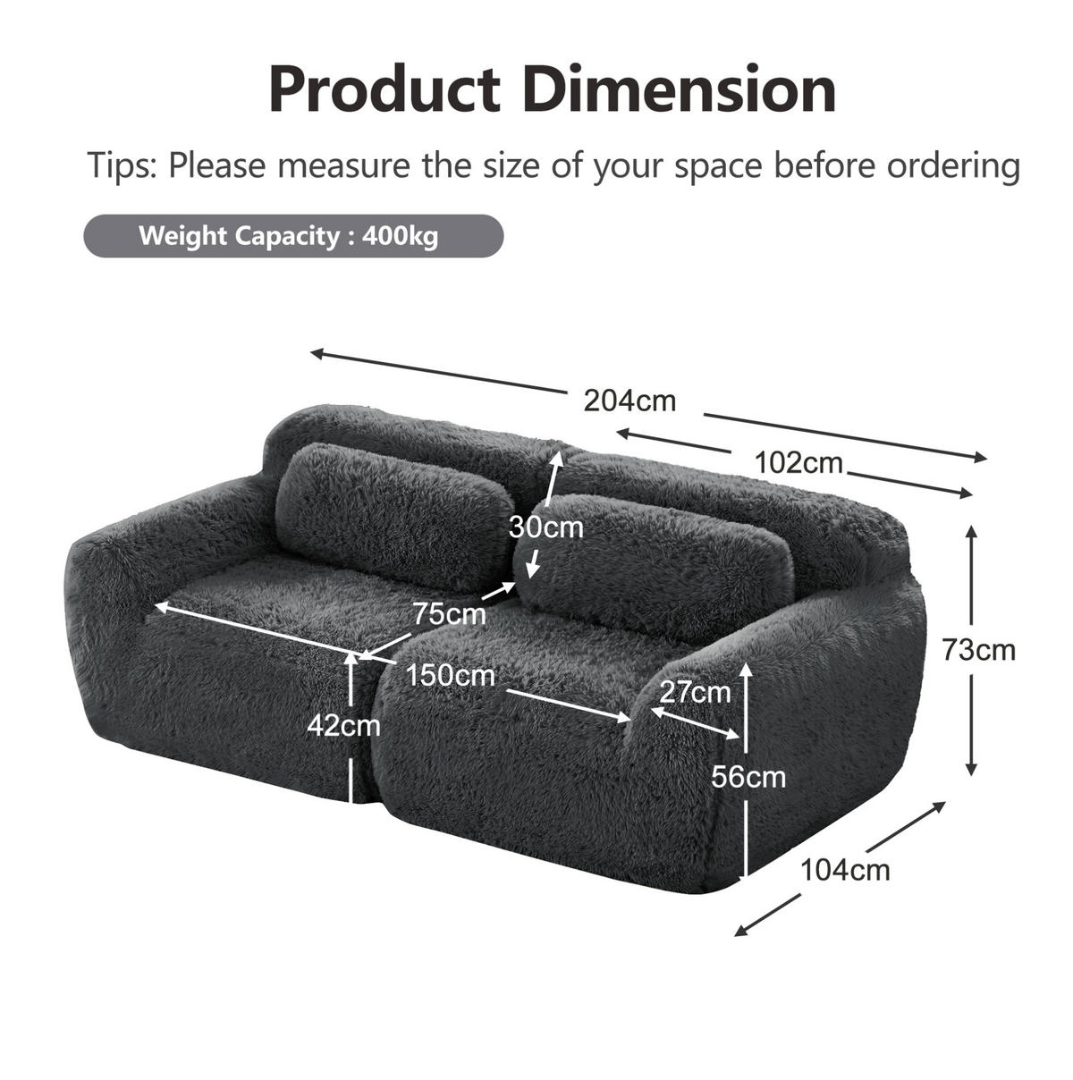 2-SITZER Sofa aus Plüschstoff, rahmenlos und modular mit Kissen, Grau - Grau, Textil (204/73/104cm) - Redom