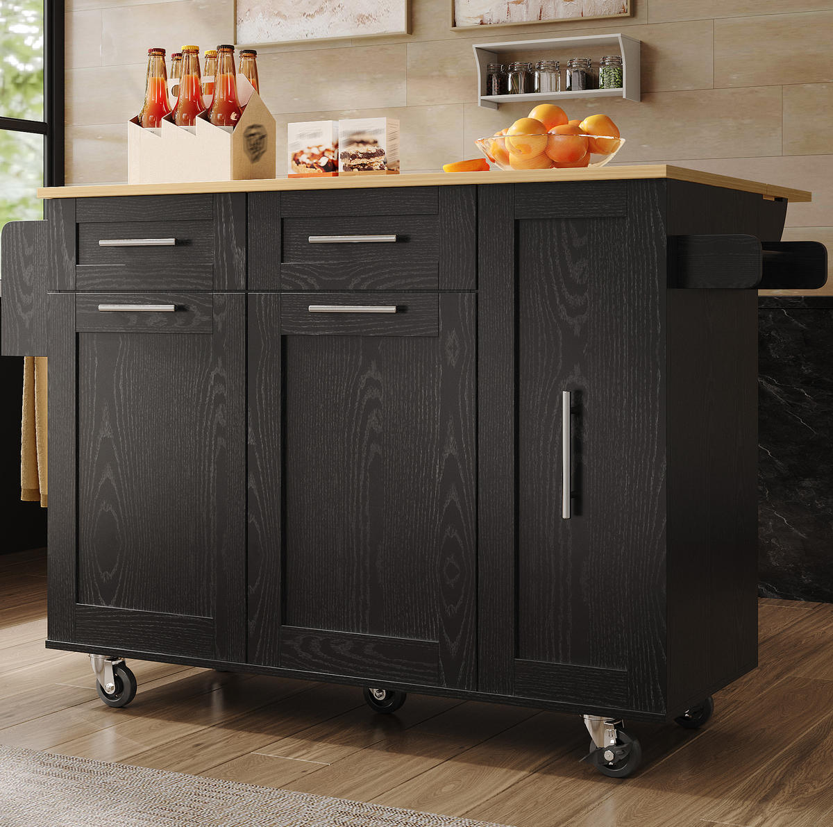 KÜCHENINSEL 110/46/90,5 cm Schwarz aus MDF und Metall mit klappbarer Tischplatte - Schwarz, Holzwerkstoff (74/90.5/110cm) - OKMYHOME