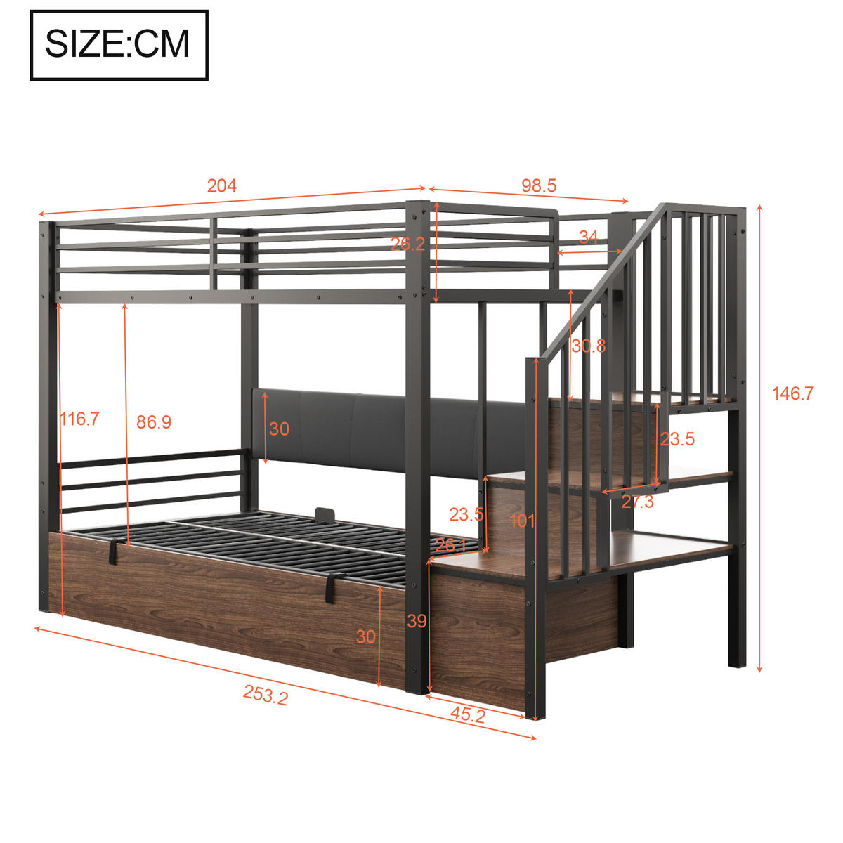 ETAGENBETT 90/200 cm DE-01541, in Schwarz, mit hydraulischer Funktion und gepolsterter Rückenlehne - Schwarz, Metall (90/200cm) - ComfortXL