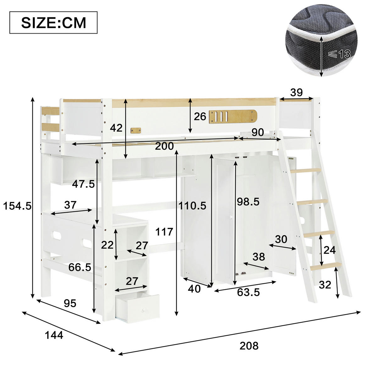 HOCHBETT 90/200 cm mit Tisch und Kleiderschrank in Weiß/Natur - Weiß, Holz (90/200cm) - BEAOK
