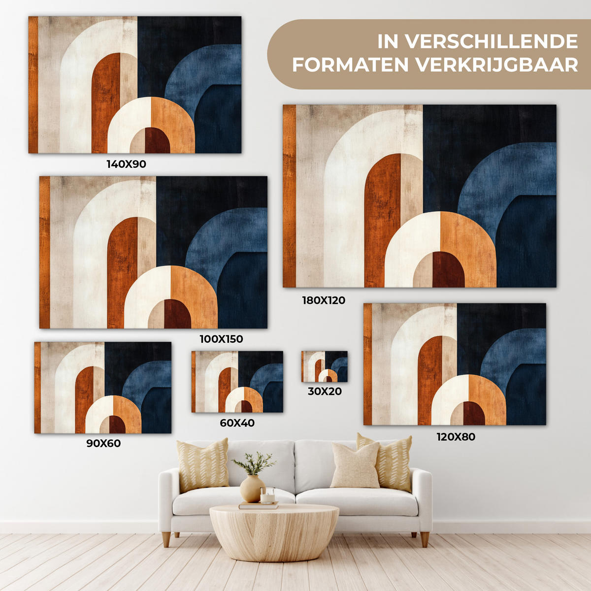 LEINWANDBILD Abstrakt - Formen - Dunkelblau Wohnzimmer 120x80 cm - Cognac, Textil (120/80cm) - MuchoWow