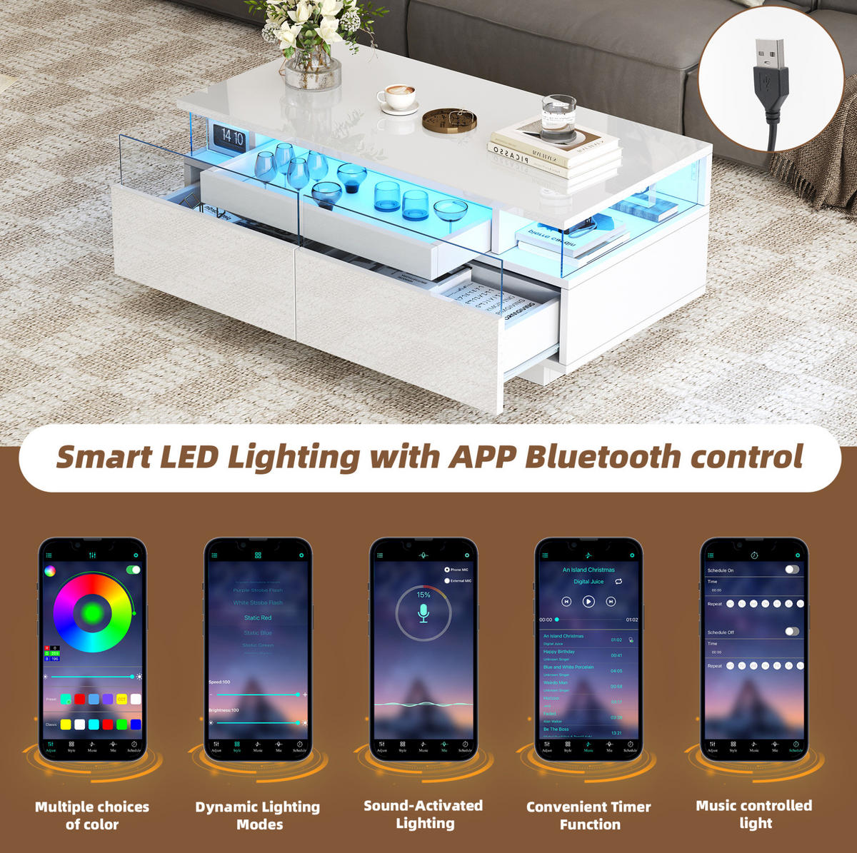 COUCHTISCH 90/45/35.5 cm Weiß aus Spanplatte mit LED und 2 Schubladen - Weiß, Holzwerkstoff (90/45/35.5cm) - OKMYHOME