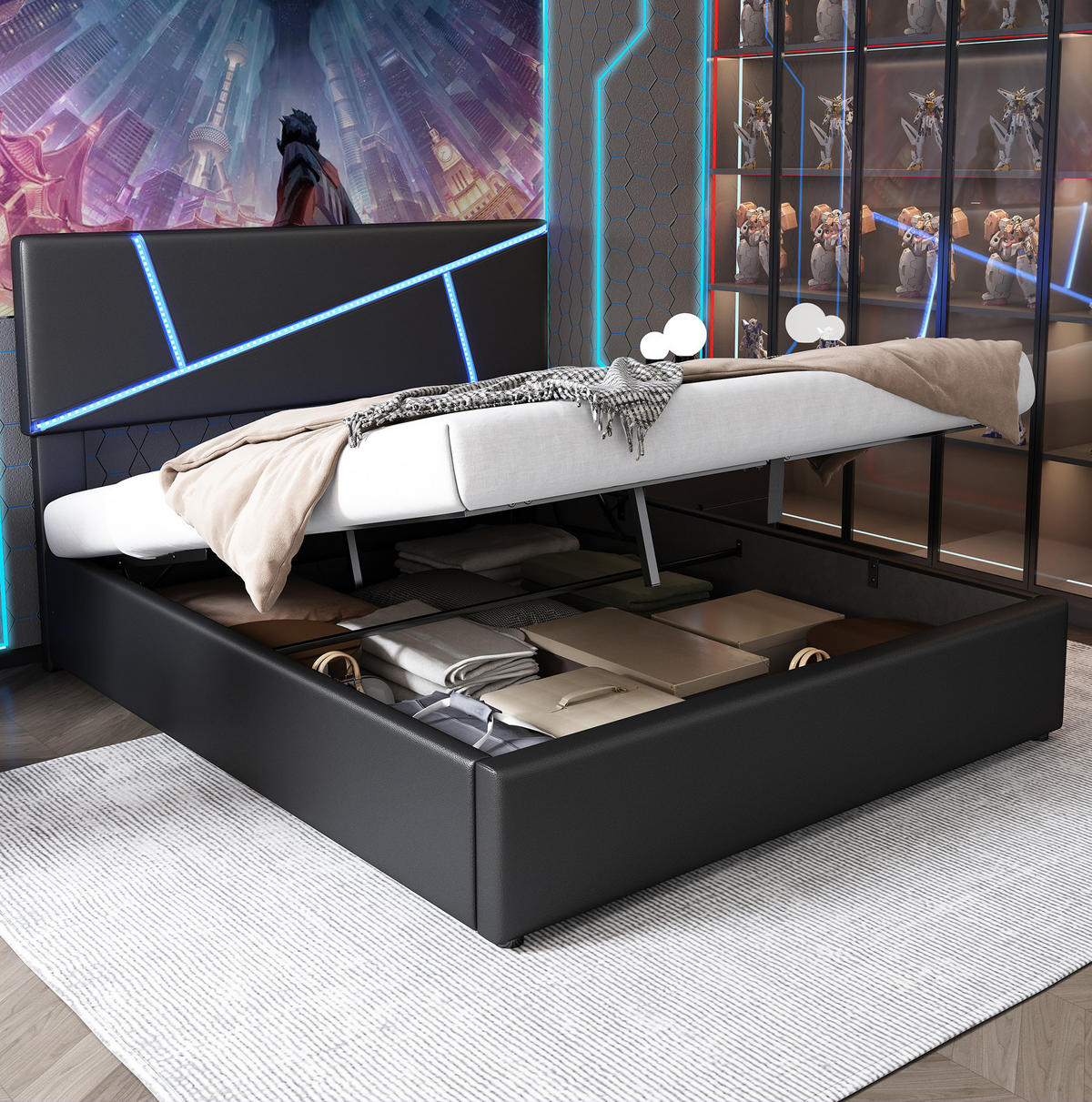 BETT mit LED und Stauraum PU Schwarz - Schwarz, Metall (140/200cm) - Meubliv