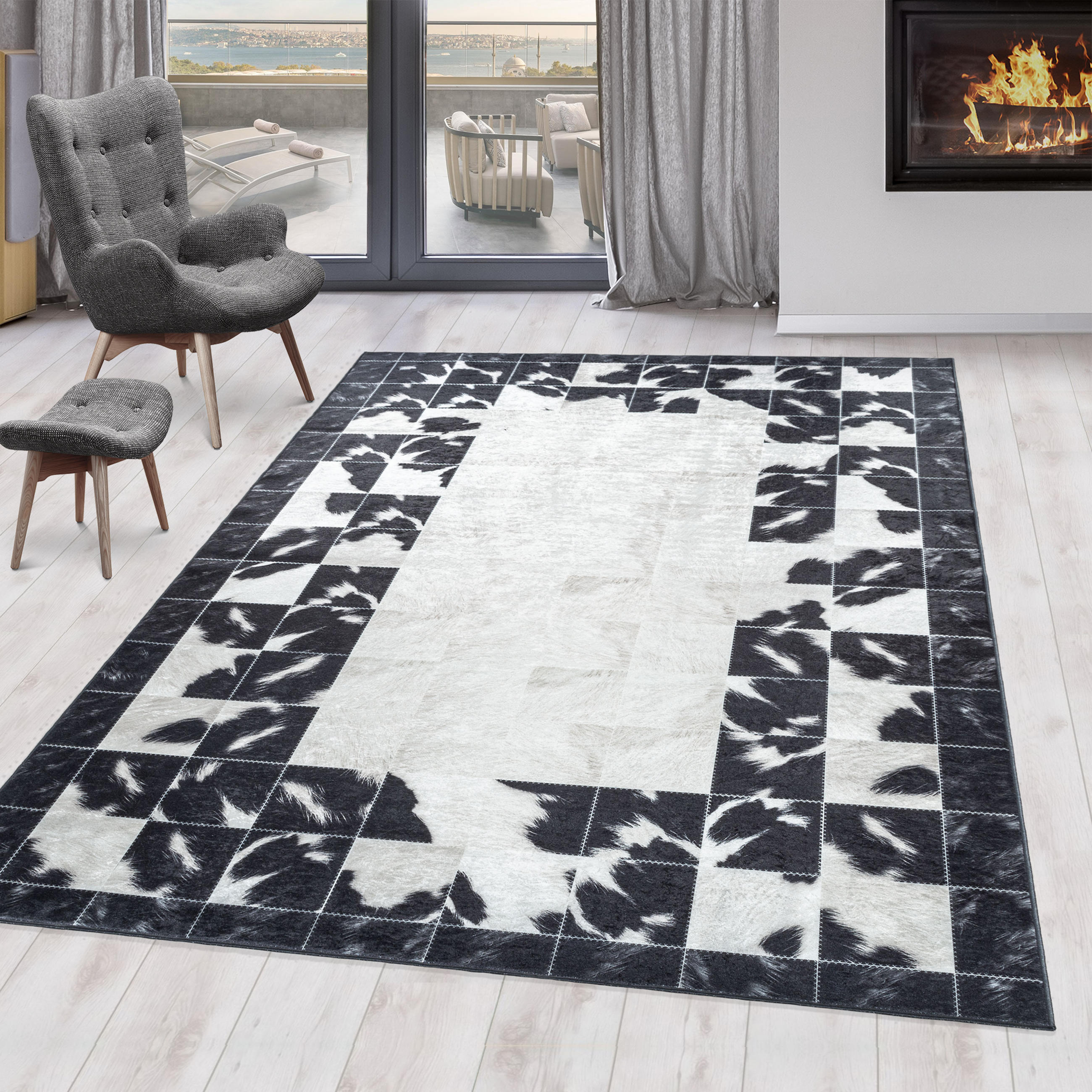 TEPPICH Waschbar Flachgewebe Patchwork Design Polyester Wohnzimmer Schwarz Rechteckig 200x290 - Schwarz, Textil (200/290cm) - KADIMA DESIGN
