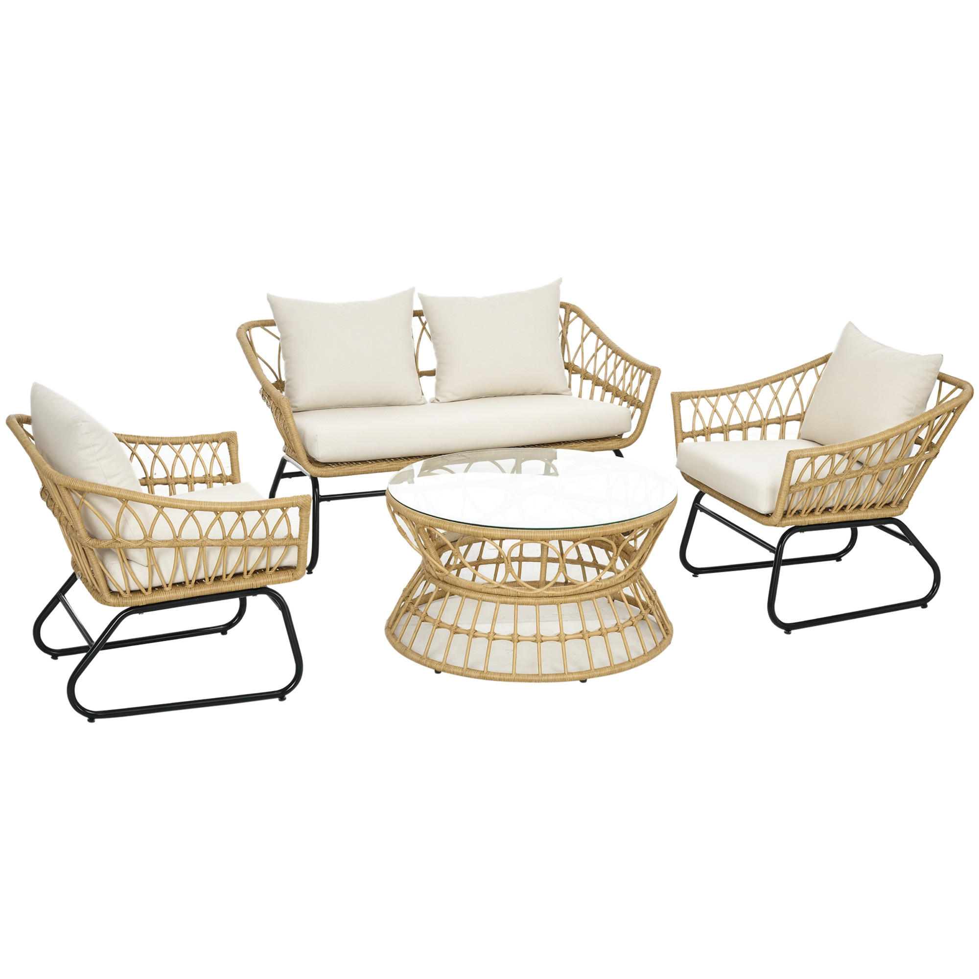 GARTENLOUNGE-SET Beige Kunststoffgeflecht 4-teilig mit Kissen und Tisch - Sandfarben, Holzwerkstoff - PANGIVO