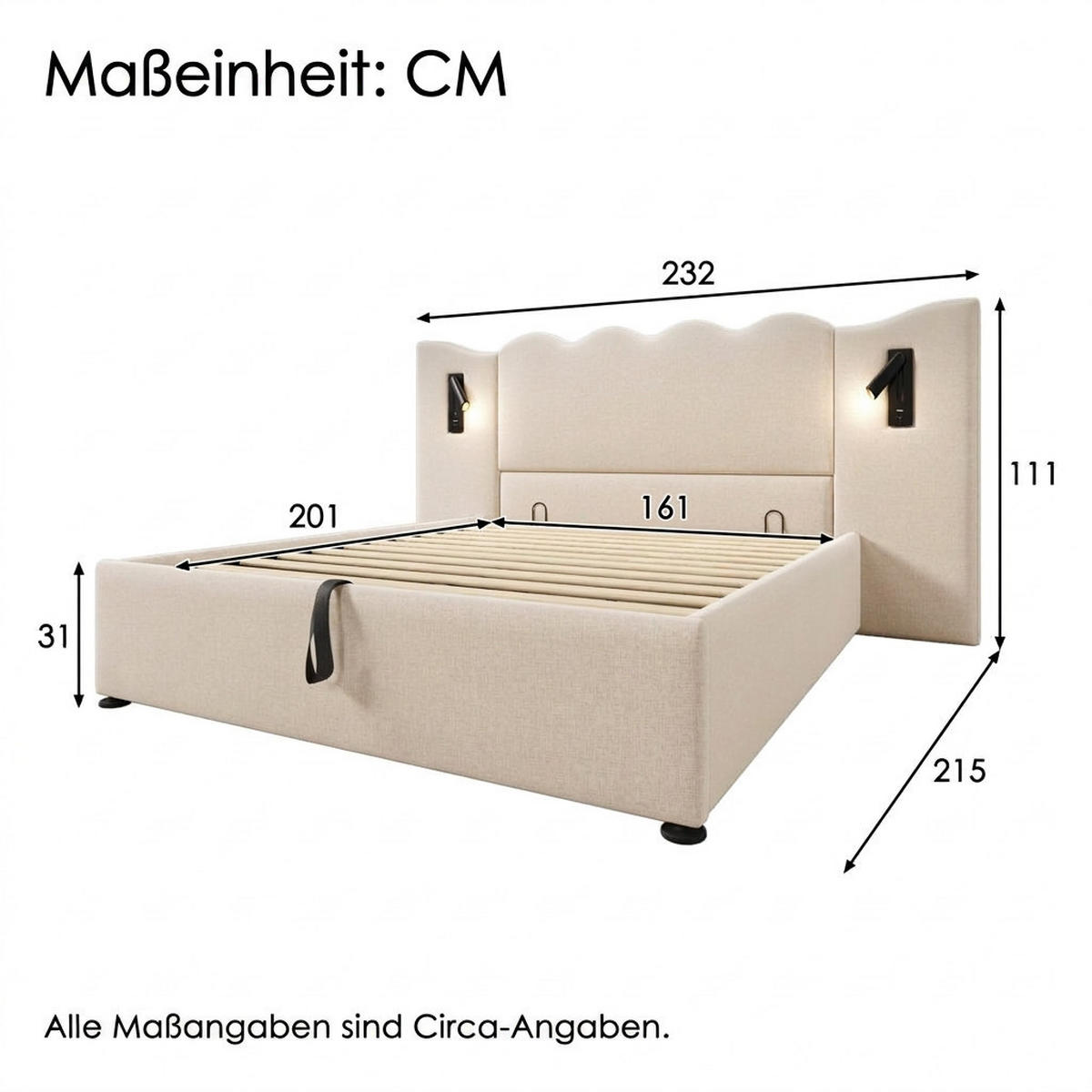 POLSTERBETT 160/200 cm Beige mit Leselampe und USB Type-C Ladefunktion - Beige, Textil (160/200cm) - Oxeza