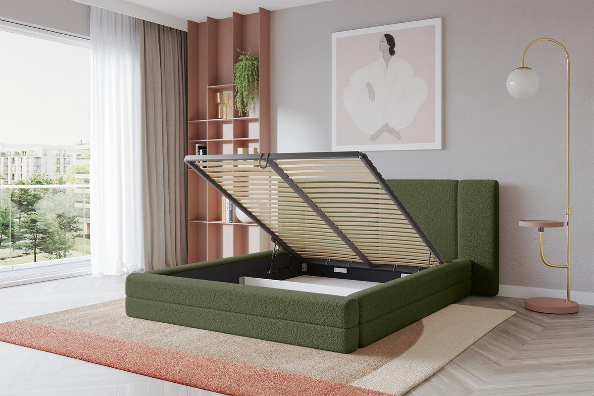 POLSTERBETT mit Bettkasten und Lattenrost, Bett mit Matratze H3/H4 - TEVO 200x200 Grün - Olivgrün, Holzwerkstoff/Textil (200/200cm) - ALTDECOR