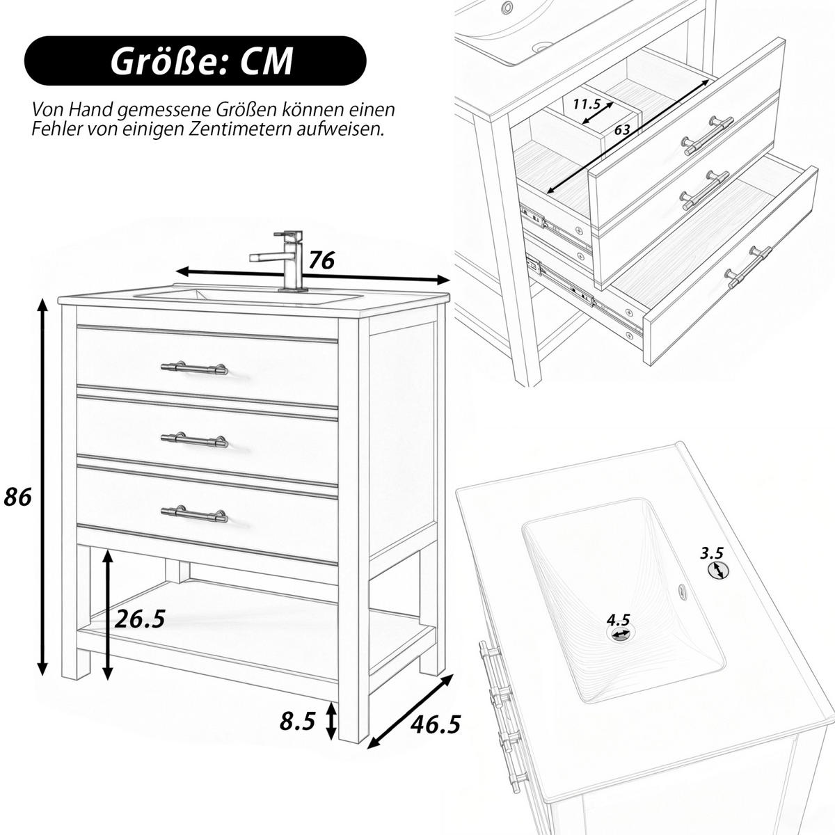 WASCHTISCH Badmöbel mit Keramikbecken Weiß 2 Schubladen Offenes Fach Goldgriffe - Goldfarben, Holz/Metall (76/86/46cm) - PARAFTA HOME
