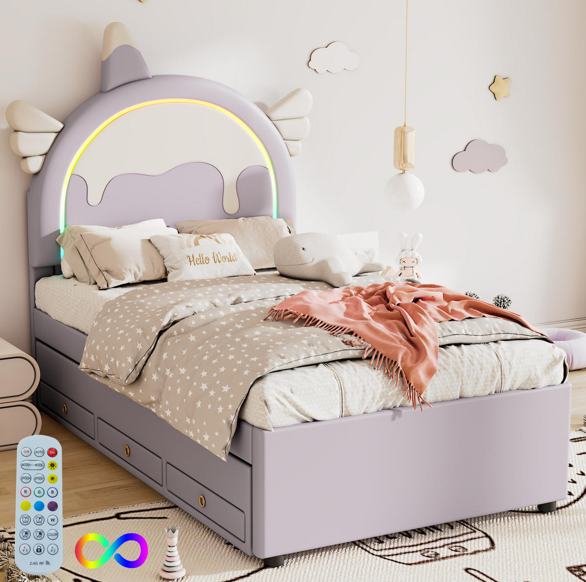 KINDERBETT aus PU 90x200 cm Violett mit ausziehbarem Rollbett und Schubladen im Einhorn-Design - Violett, Kunststoff (90/200cm) - Modfu