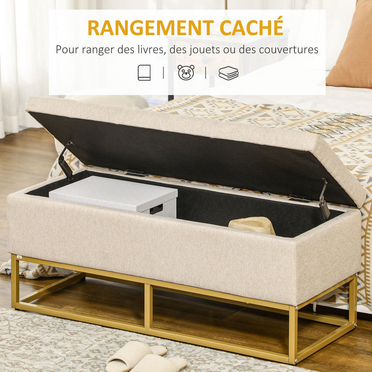 TRUHENBANK DE-16372 gepolstert mit Knopfheftung und Gold-Stahlbeinen Beige/Gold - Beige, Textil (110/48/44cm) - ComfortXL