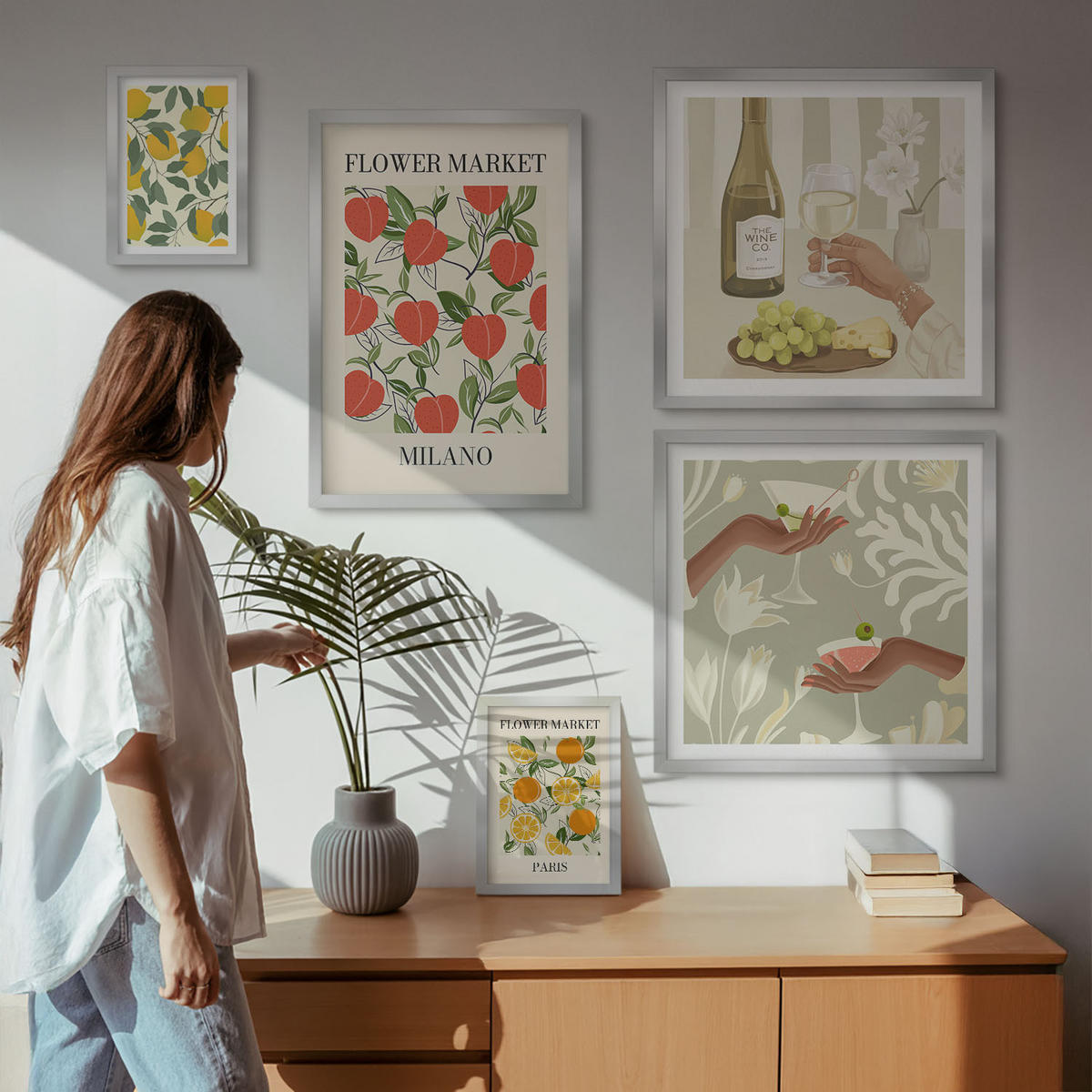 BILDER SET 5er Set - 50x50 cm & 20x30 cm & 40x60 cm Silberner Rahmen - Strandmotive, Muscheln, Wellen - Silberfarben, Kunststoff (40/60cm) - TULUP