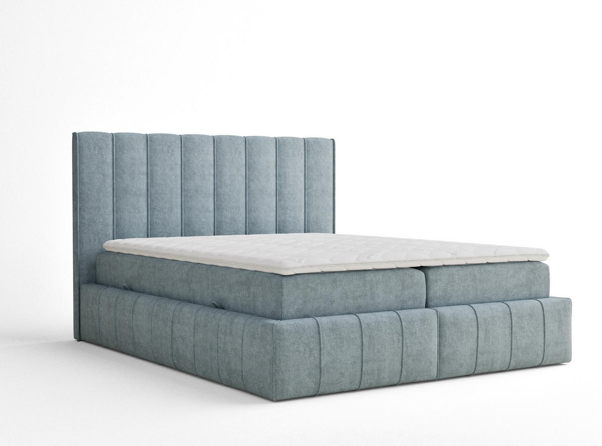 BOXBETT Moretti 160/200 cm, in Hellblau, Bettkasten, Matratze, Topper - Schwarz/Hellblau, Holz/Holzwerkstoff (140/200cm) - Maison de Reve