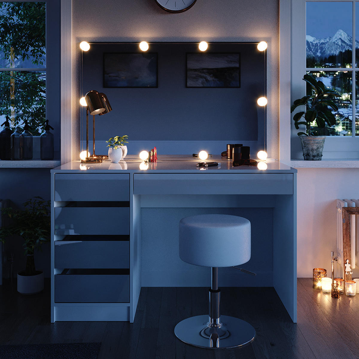 SCHMINKTISCH Sherry Weiß 120 cm mit LED Beleuchtung und Hocker - Weiß, Holzwerkstoff (55/75/120cm) - Vicco