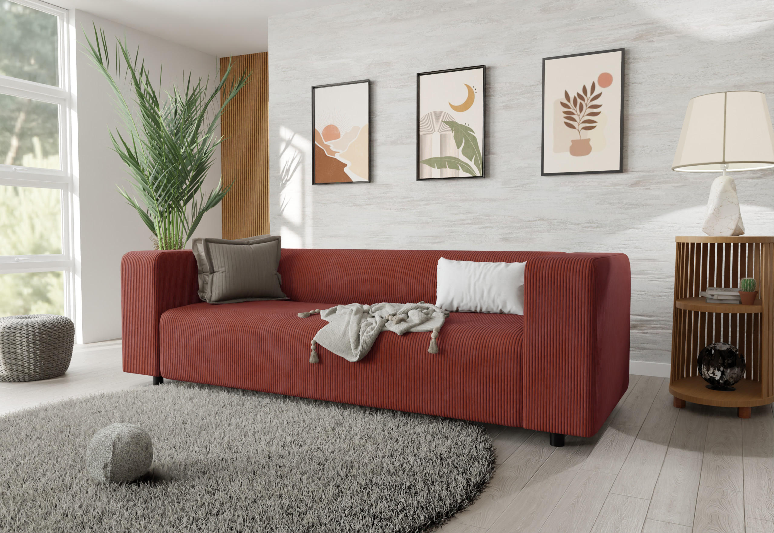 3-SITZER-SOFA Tove Terrakotta Cord - Terracotta/Schwarz, Holz/Kunststoff (135/65/80cm) - S-Style Möbel