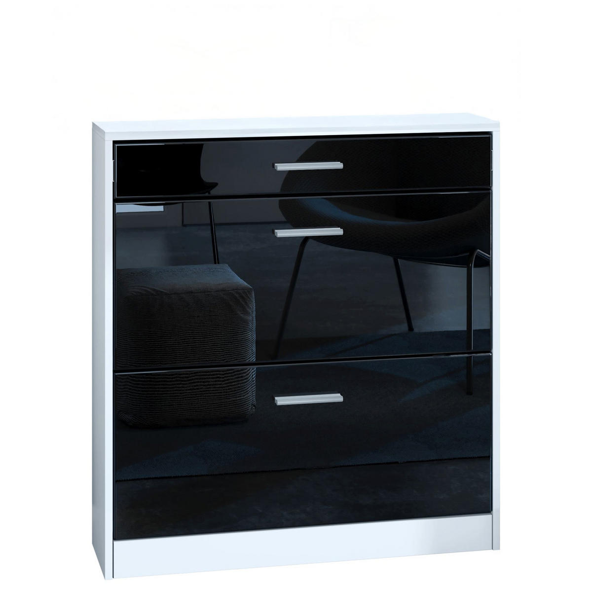 SCHUHSCHRANK Roma Schmal mit 2 Klappen und 1 Schublade, Platzsparender Schuhkipper, Weiß matt/Schwarz Hochglanz (89 x 95,5 x 23 cm) - Schwarz Hochglanz, Holzwerkstoff (89/95.5/23cm) - InnoFurn