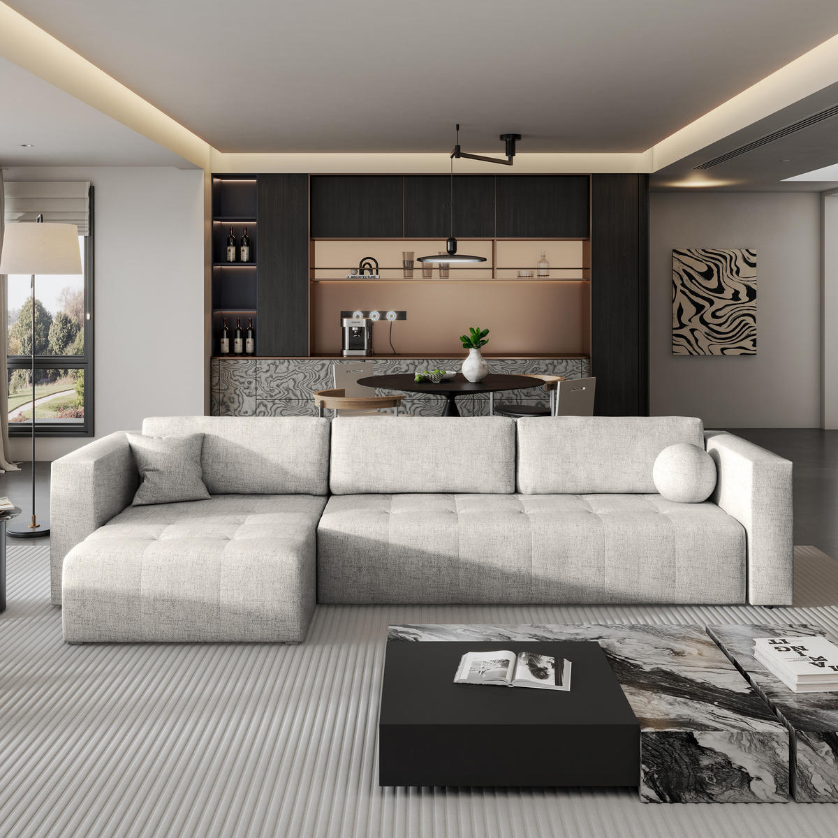 ECKSOFA OLVERA Creme Geflochtener Stoff mit Schlaffunktion - Creme, Holz (347/148cm) - MASSENO