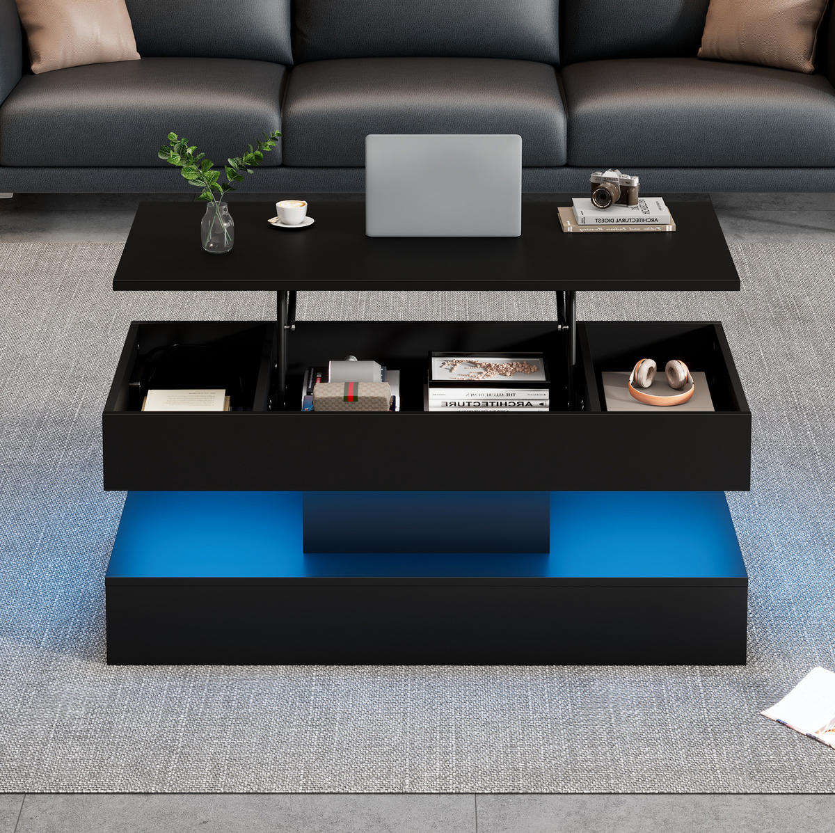 COUCHTISCH aus Spanplatte 100x50x42 cm Schwarz mit höhenverstellbarer Tischplatte, LED-Beleuchtung und verborgenem Stauraum - Schwarz, Holzwerkstoff (100/50/42cm) - Modfu