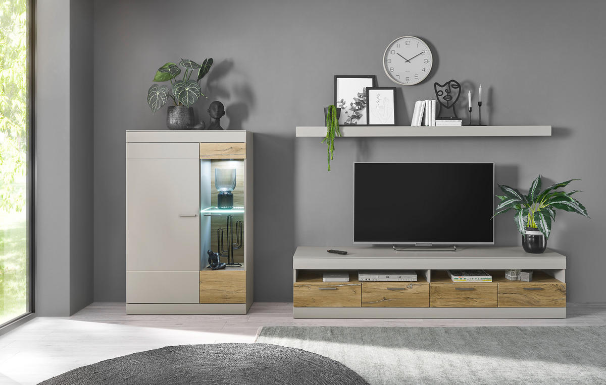 WOHNWAND grau matt, Zinneiche 3-teilig 300 cm, Wohnzimmerschränke mit Soft-Close-Funktion - Eichefarben/Silberfarben, Glas/Holzwerkstoff (300/170/45cm) - Furn.Design