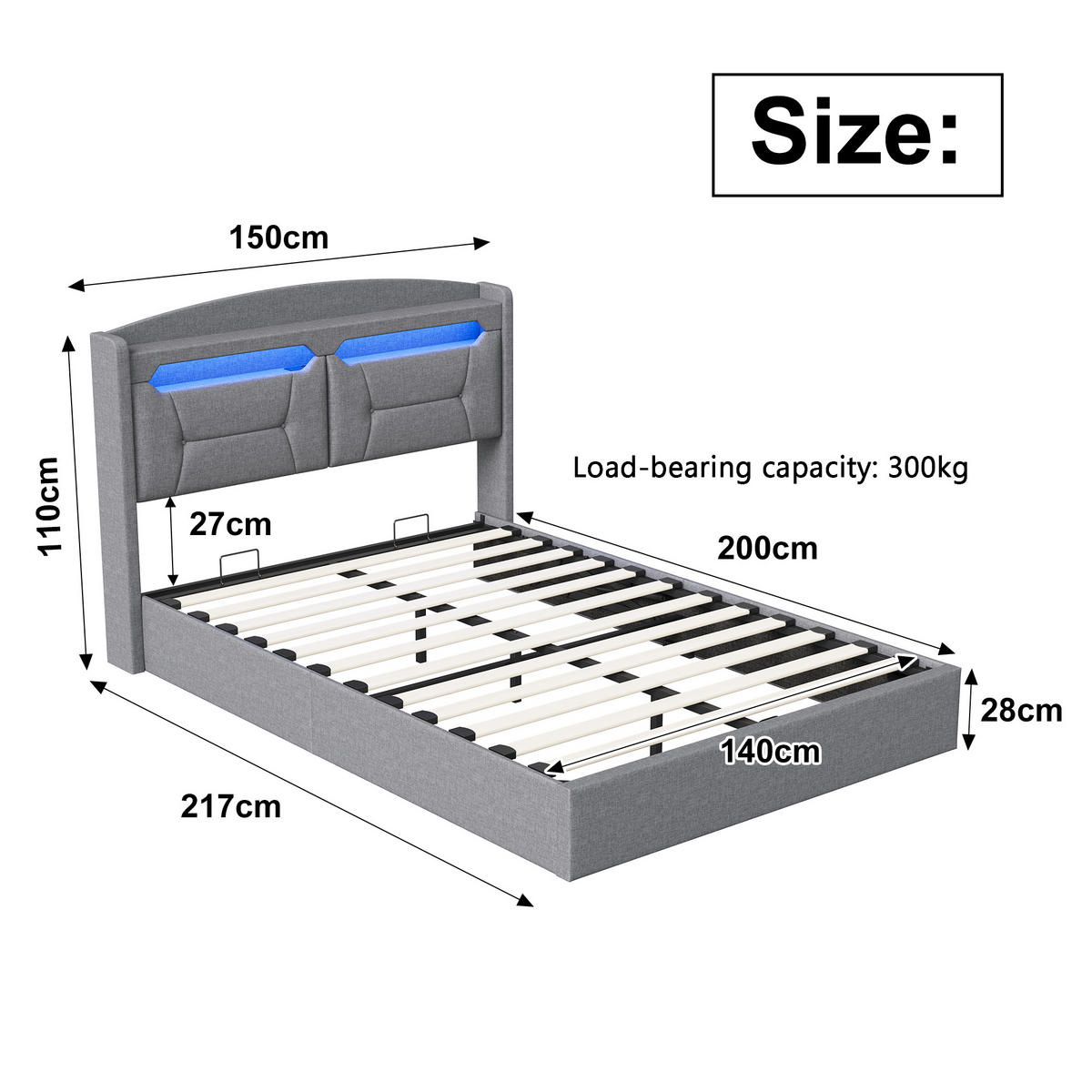 HYDRAULISCHES Polsterbett 140x200 cm mit Stauraum, LED und USB, Grau - Grau, Holz/Metall (140/200cm) - PARAFTA HOME