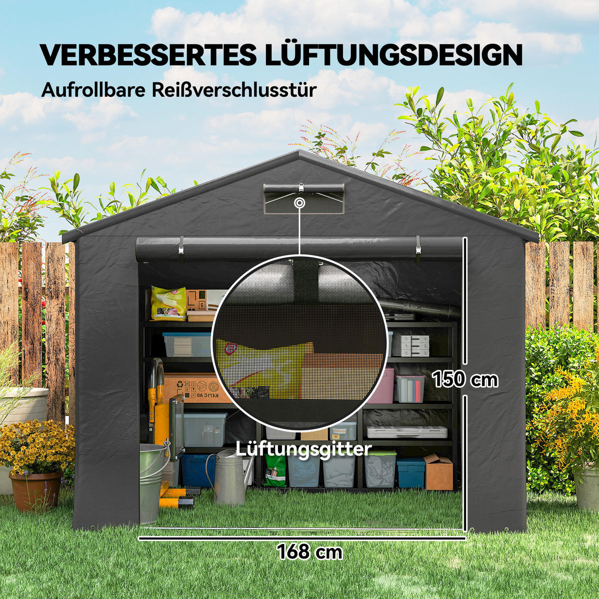ZELTGARAGE DE-08132 wasserdicht mit aufrollbarer Tür & Belüftung Dunkelgrau - Dunkelgrau, Metall (180/202/247cm) - ComfortXL