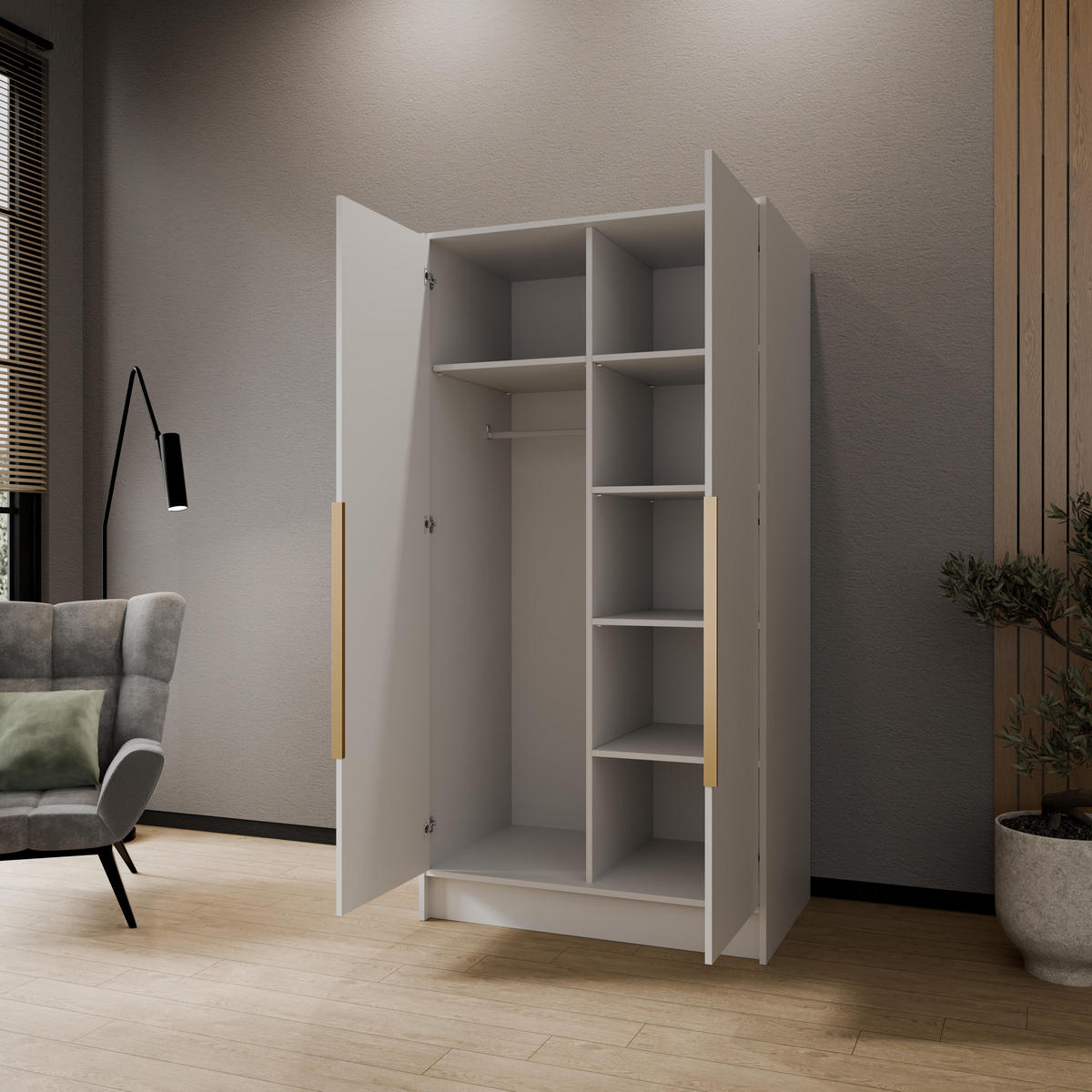 DREHTÜRENSCHRANK Porta ohne Spiegel, 100 cm, Weiß mit goldenen Griffen - Goldfarben/Weiß, Holzwerkstoff (102/200/51cm) - AN-Moebel 4u