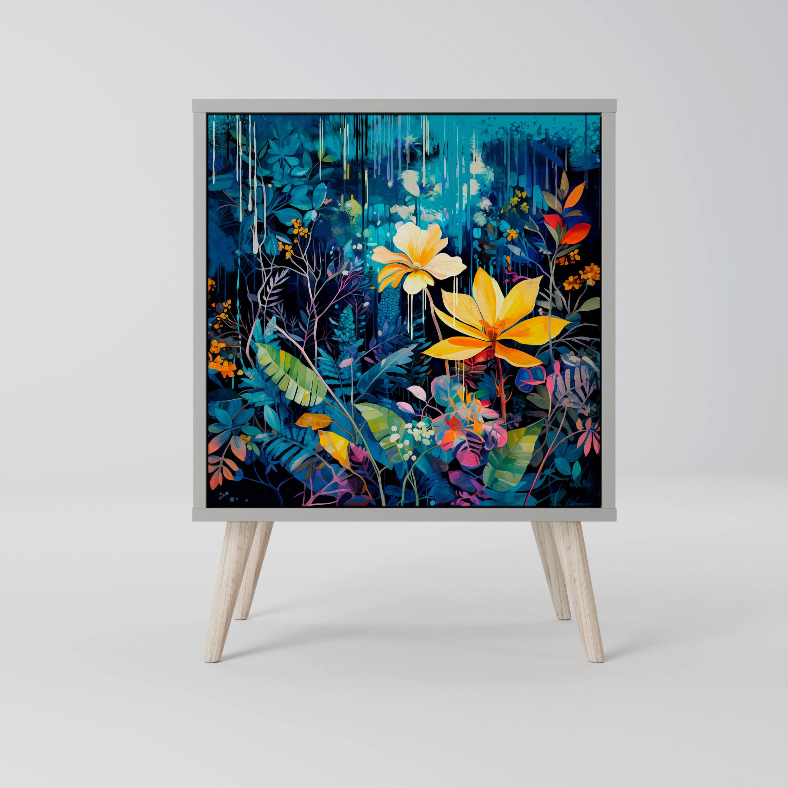 SIDEBOARD MIDNIGHT BLOSSOM, Grau, 57,5x42x77,5 cm, Schräge Buchenholzfüße - Buchefarben/Multicolor, Holzwerkstoff/Buchenholz (57.5/77.5/42cm) - SpaceRebels
