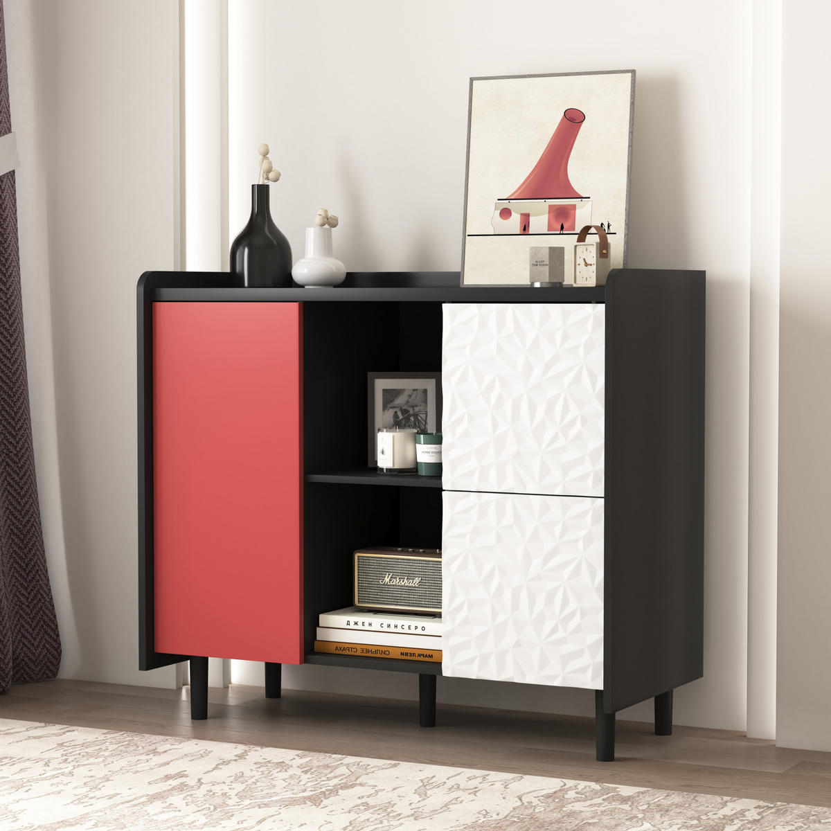 SIDEBOARD 90/40/80 cm, 2 Schubladen, offenes Fach und Tür, MDF Schwarz/Rot, Schwarz/Rot - Rot, Holzwerkstoff (90/80/40cm) - Redom